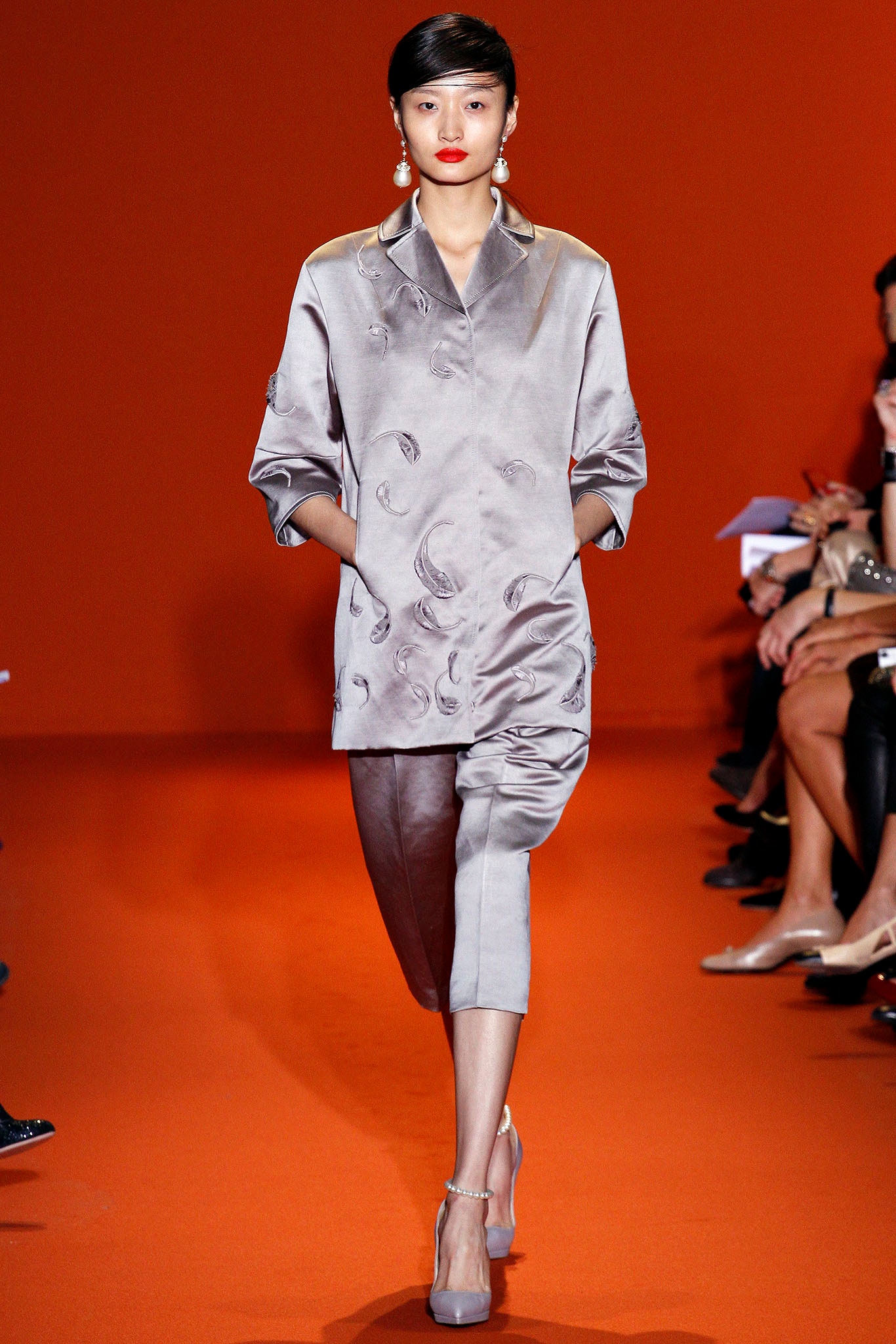 gray silk long-sleeve collared relaxed draped shiny jacket
