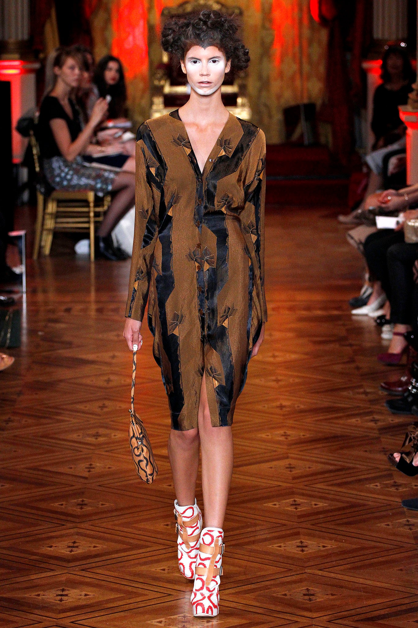 brown silk long-sleeve v-neck fitted printed midi dress