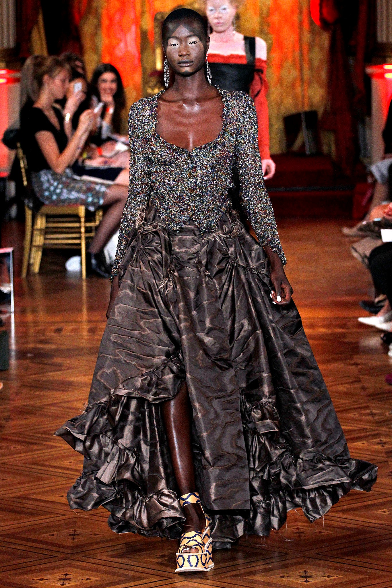 brown silk long-sleeve gown
