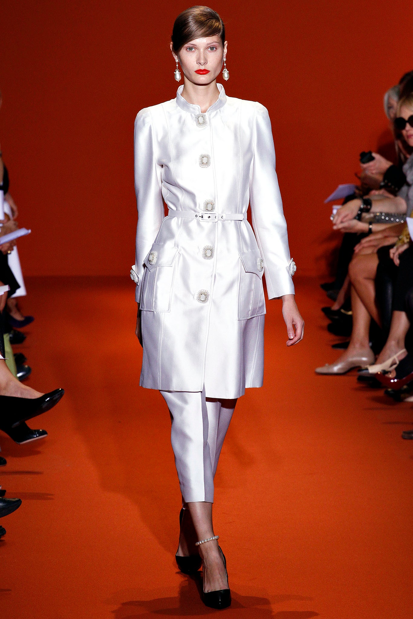white satin long-sleeve collared fitted belted pockets coat
