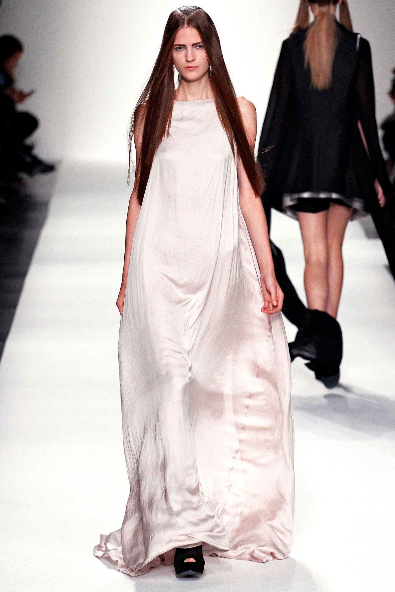 pink silk relaxed maxi dress with black cape