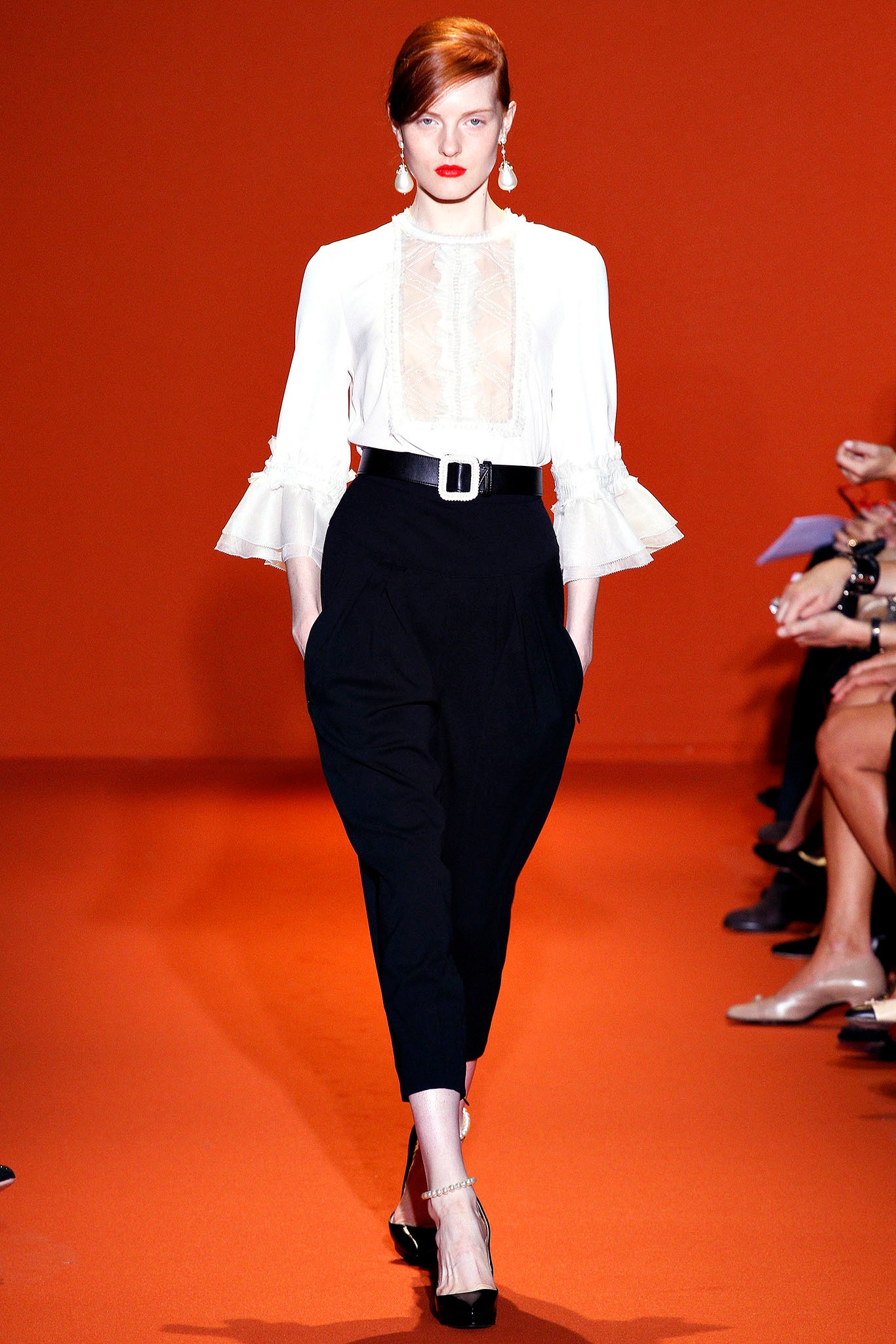 white silk long-sleeve collared fitted ruffled blouse