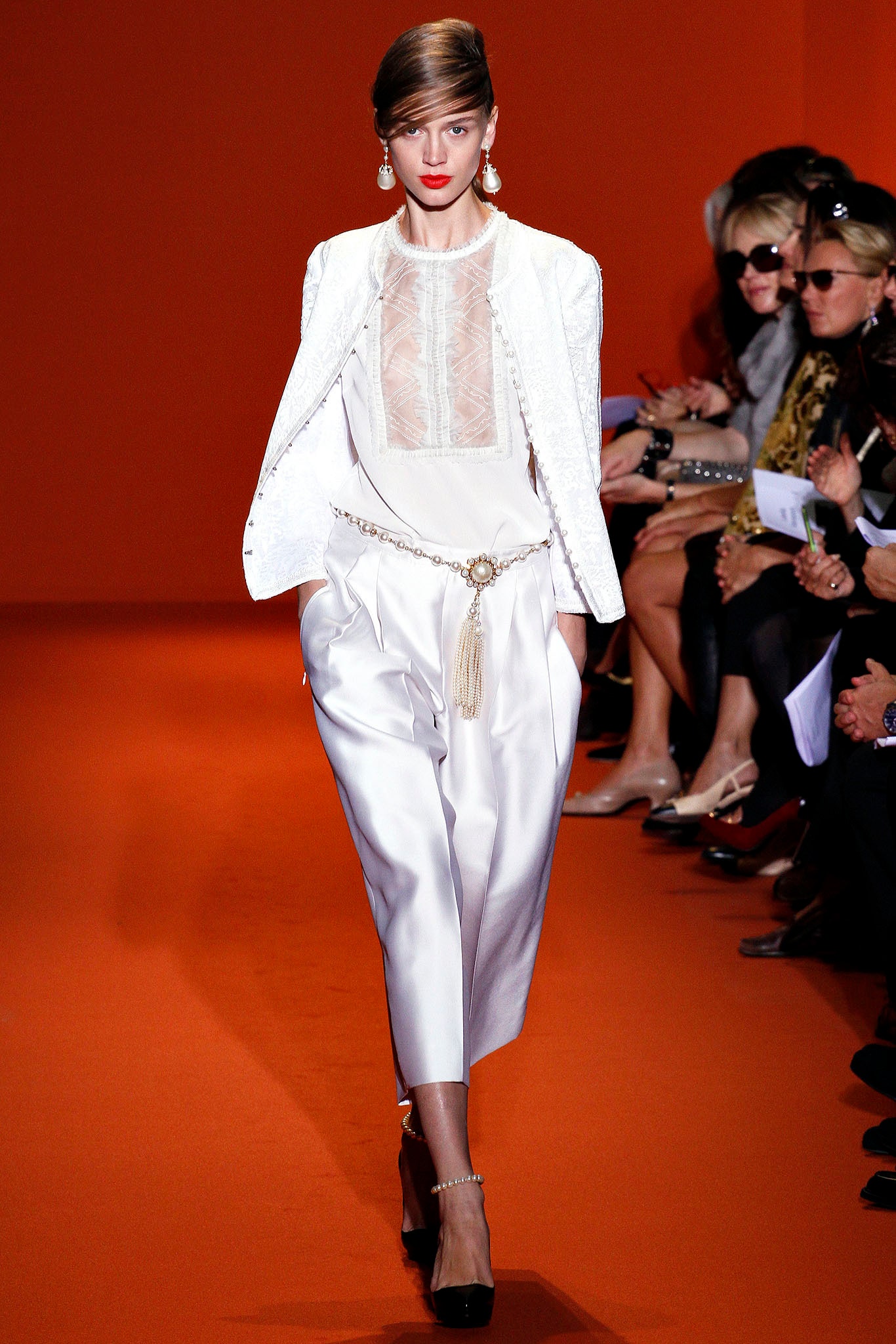 white silk long-sleeve v-neck fitted sheer flowing blouse