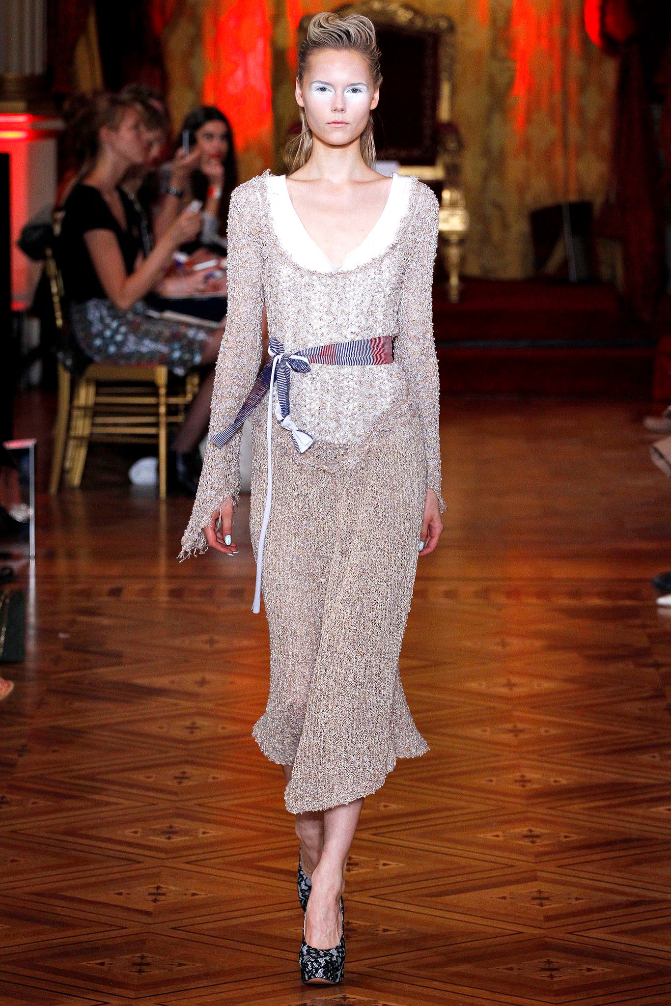 beige silk long-sleeve dress