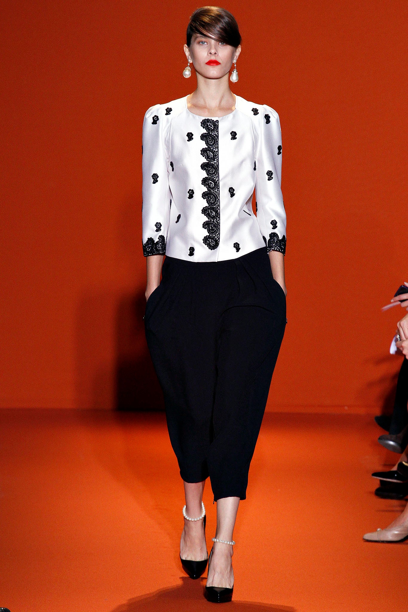 white silk long-sleeve collared fitted embroidered blouse