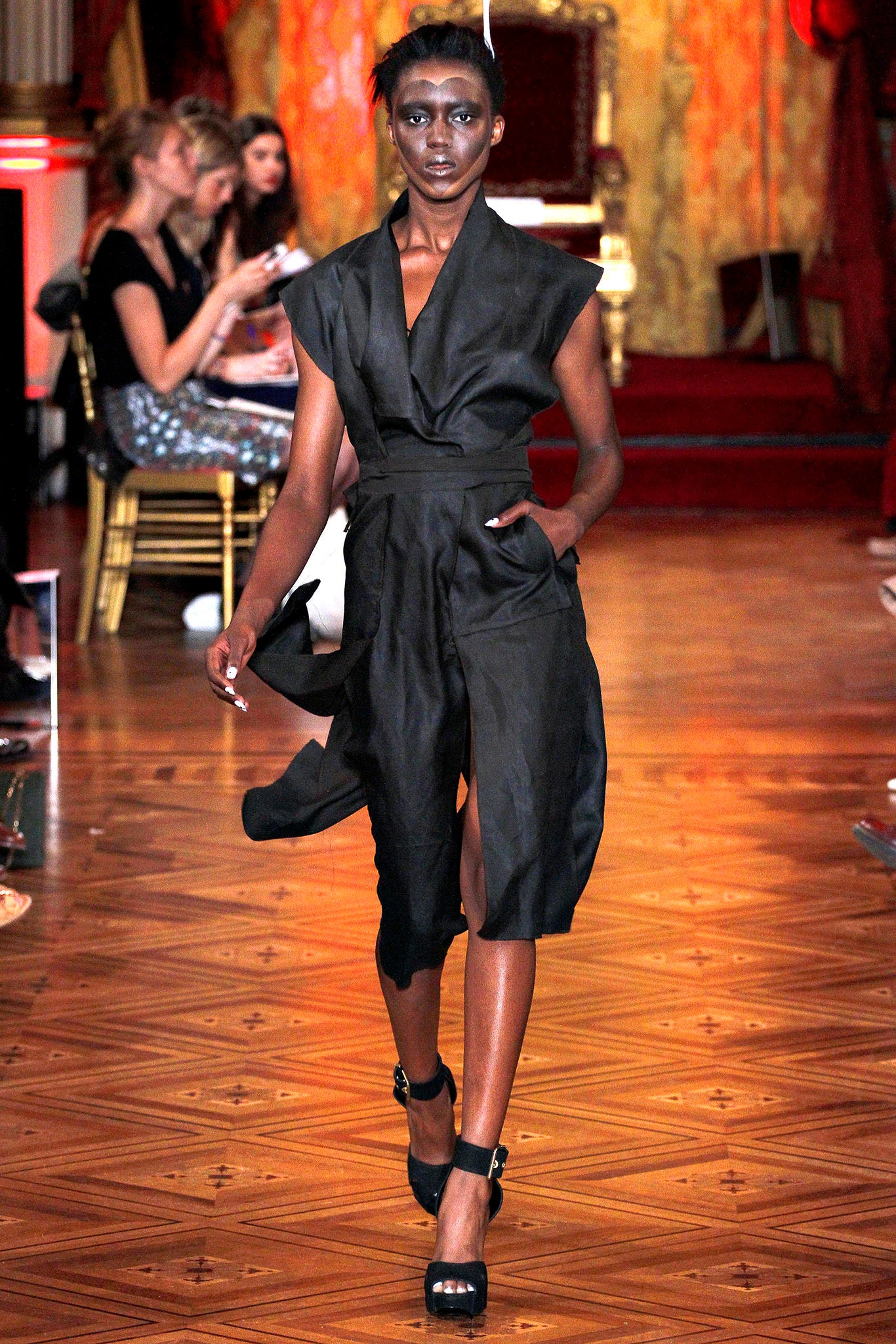 black silk sleeveless v-neck fitted pockets midi dress