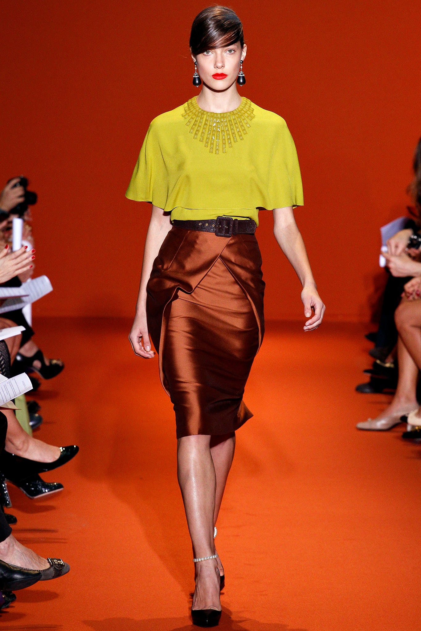 brown silk fitted high-waisted ruched skirt