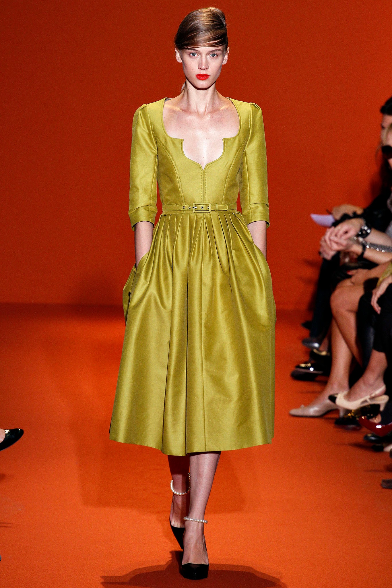 green silk fitted midi dress