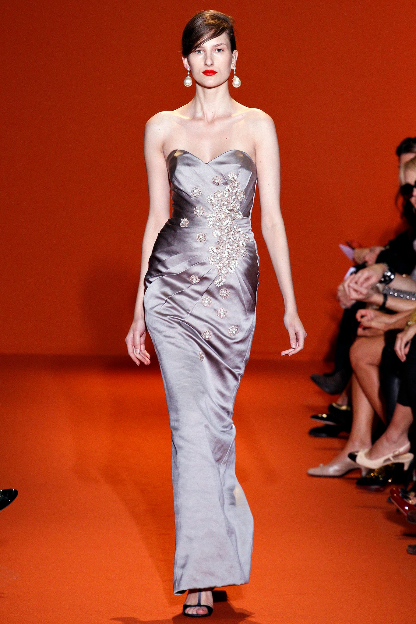 fitted gray silk strapless gown