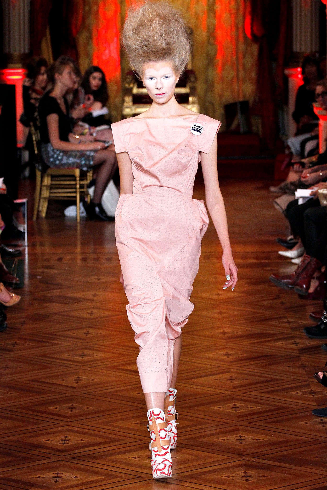 pink cotton sleeveless high-neck fitted pleated draped dress
