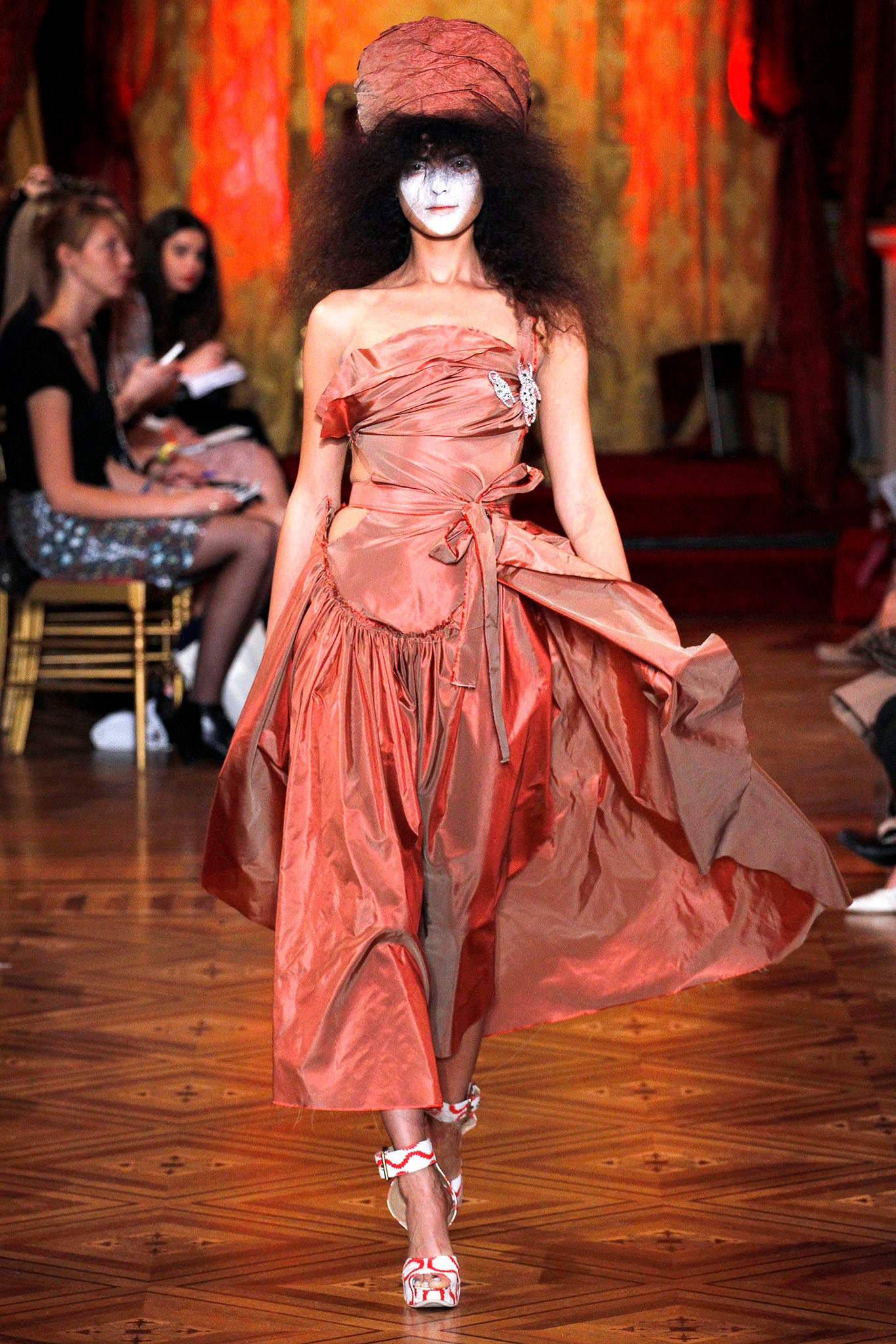 orange silk off-shoulder dress