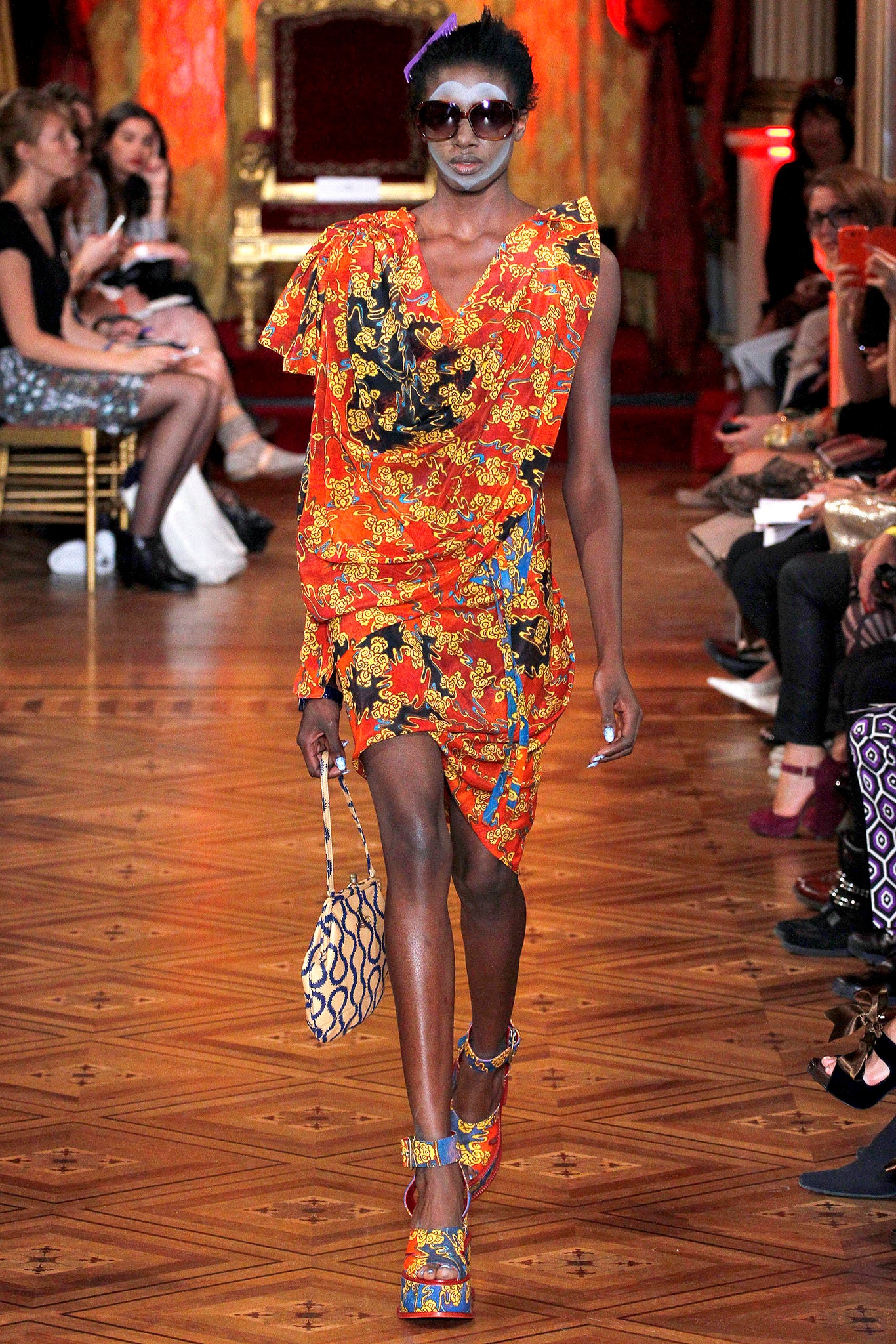 red sleeveless v-neck relaxed printed draped mini dress