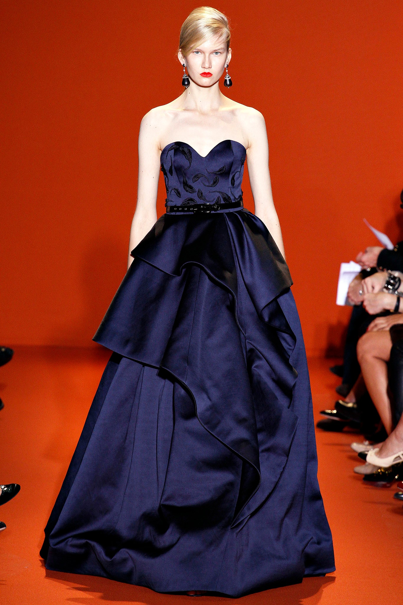 blue silk strapless gown