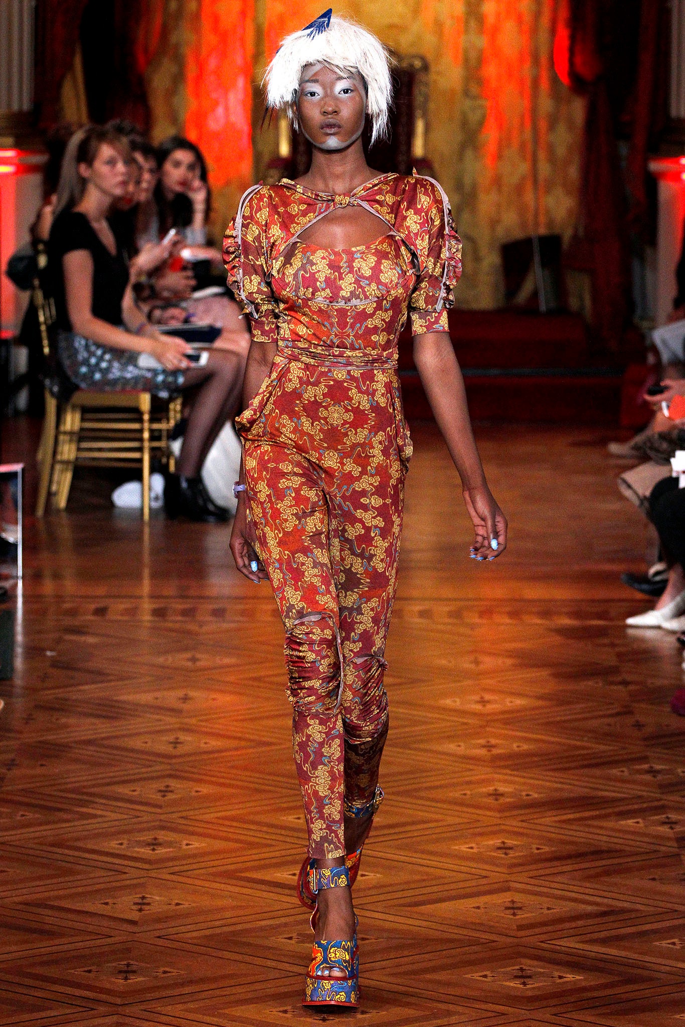 red silk sleeveless high-neck fitted embroidered zippered jumpsuit
