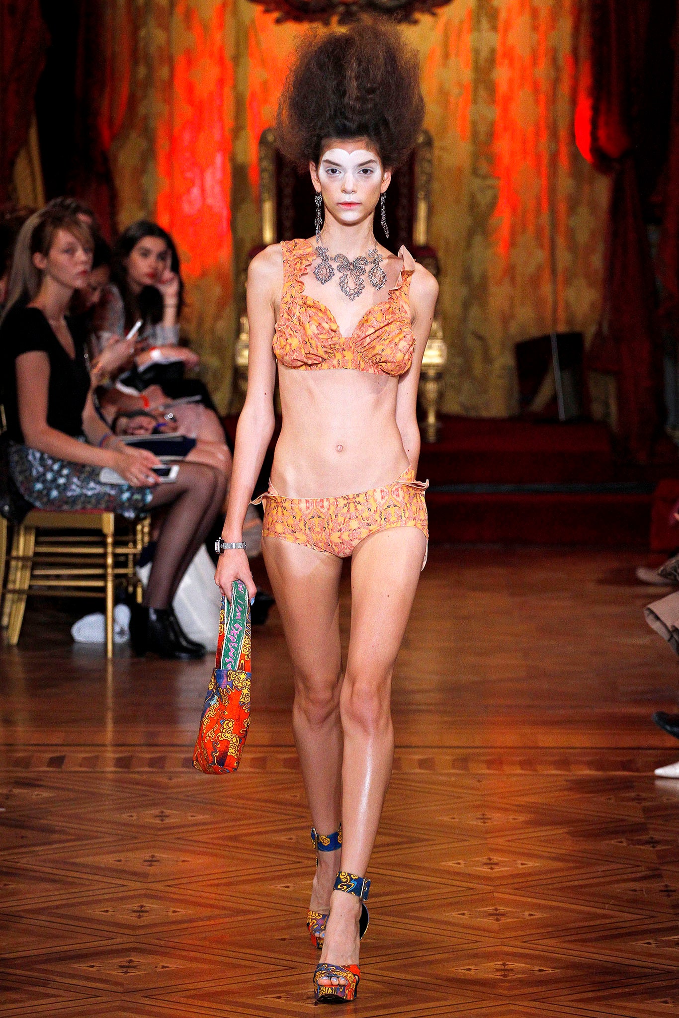 orange silk sleeveless halter fitted embroidered ruffled bikini