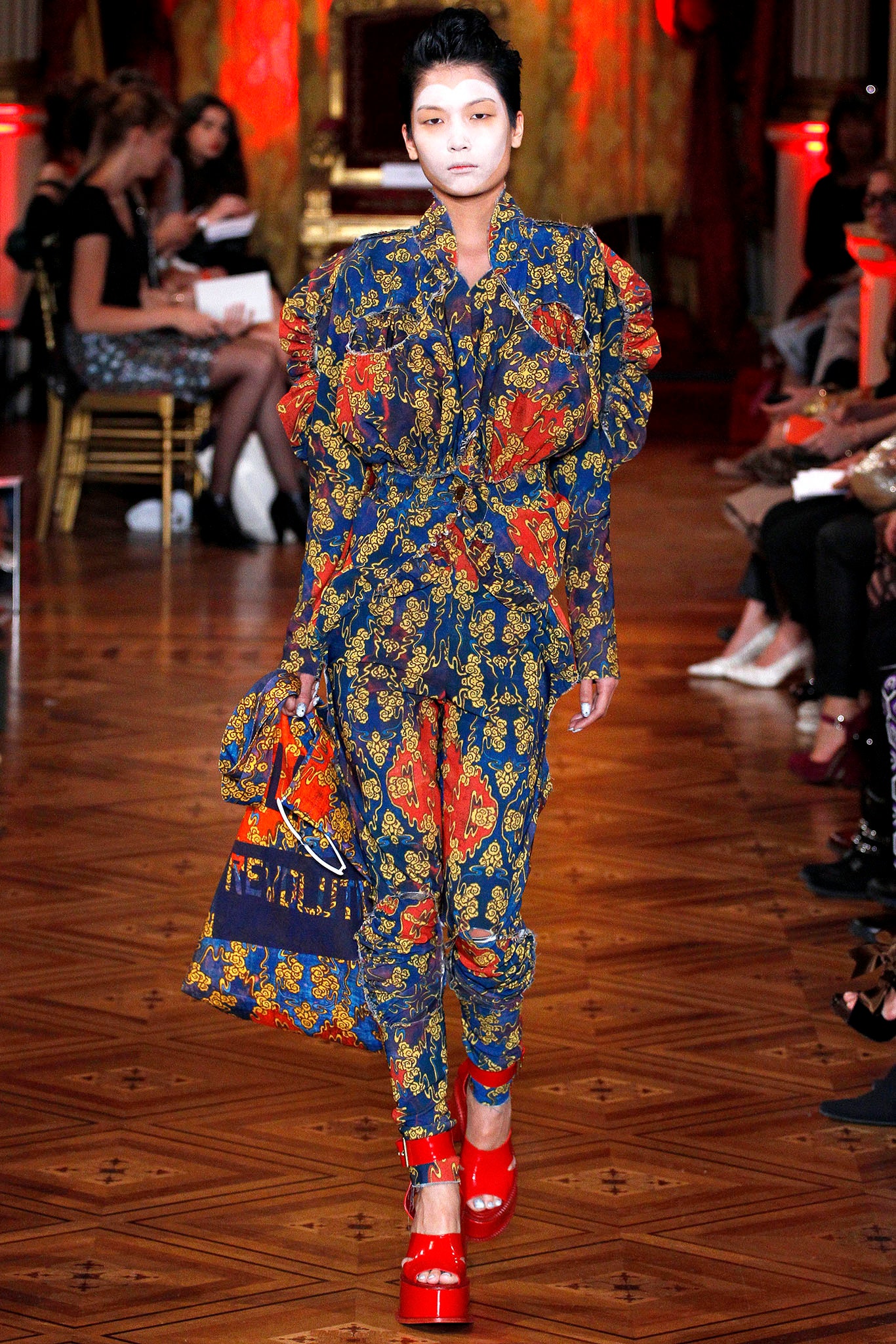 printed blue and red outfit