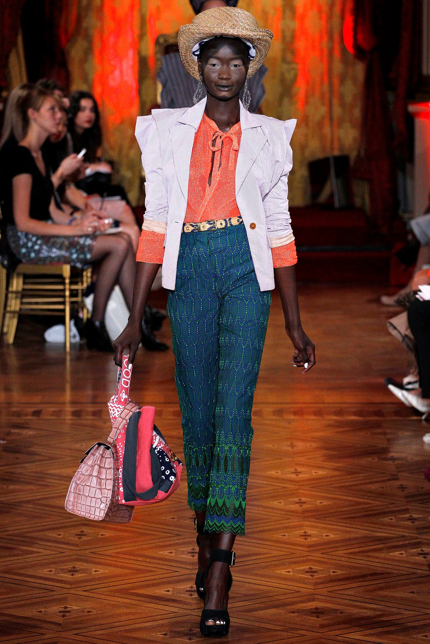 structured gray blazer with orange top