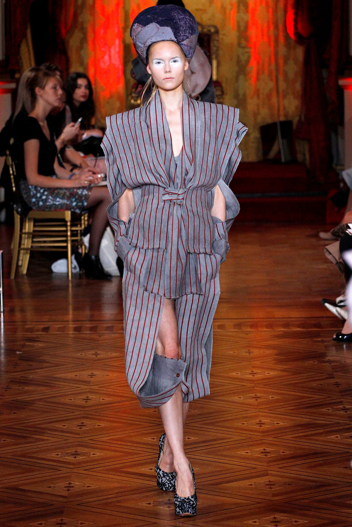 gray striped belted midi dress