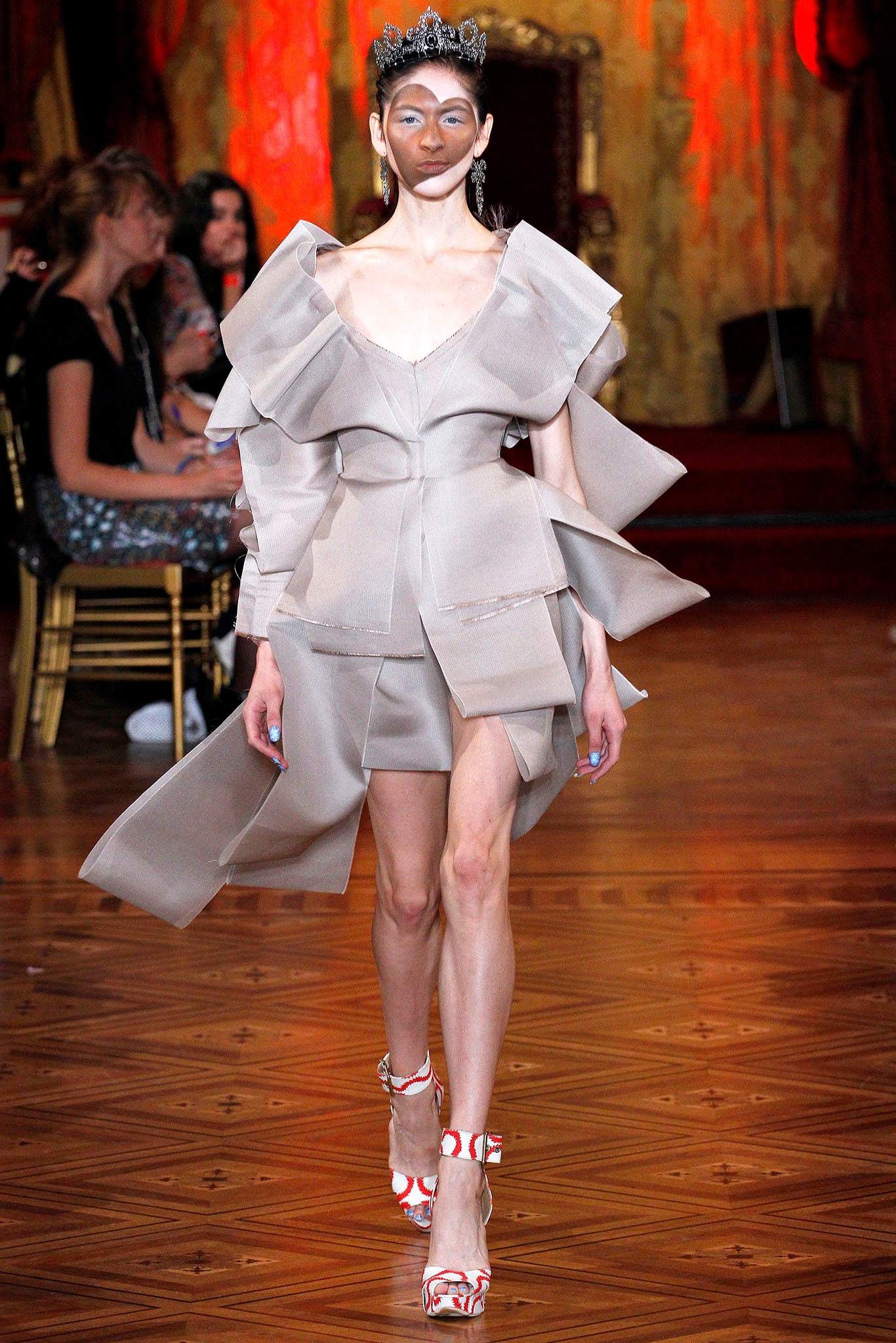 beige silk ruffled mini dress