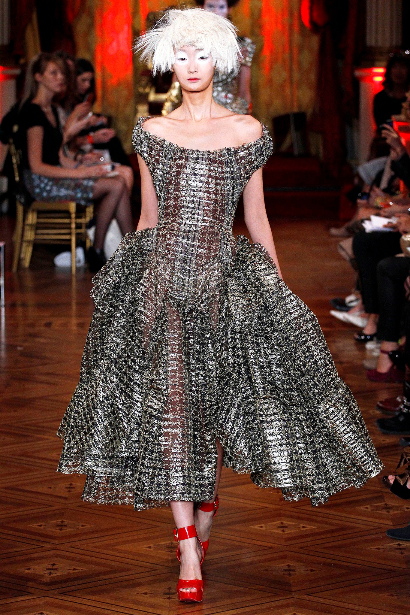 silver silk off-shoulder tiered dress