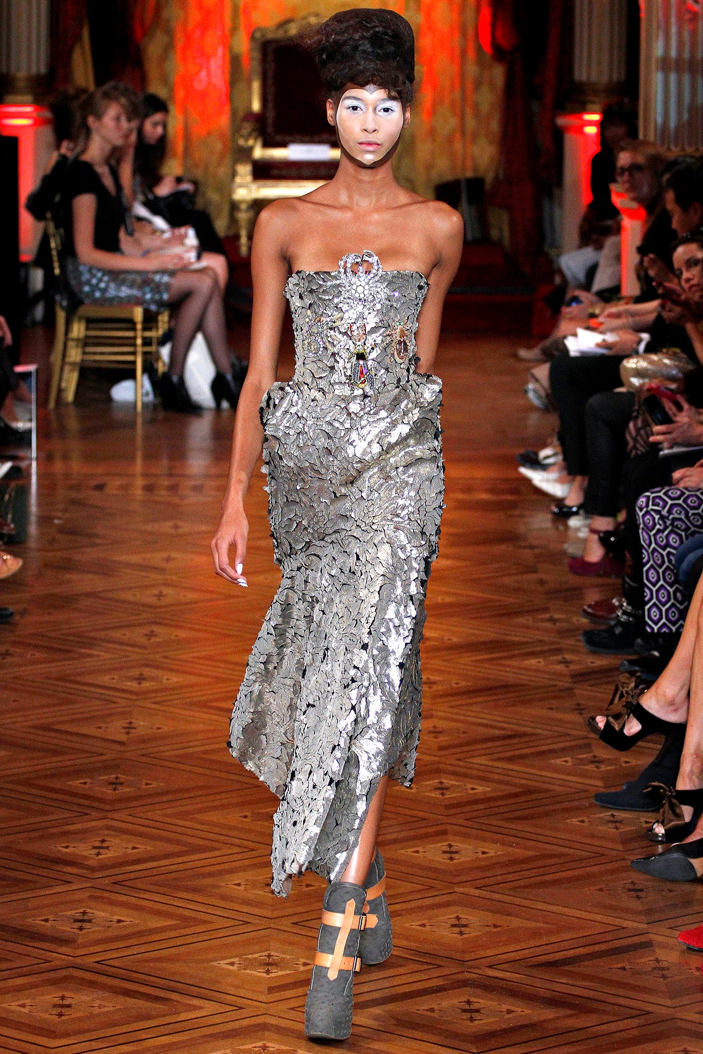 silver metallic sleeveless gown
