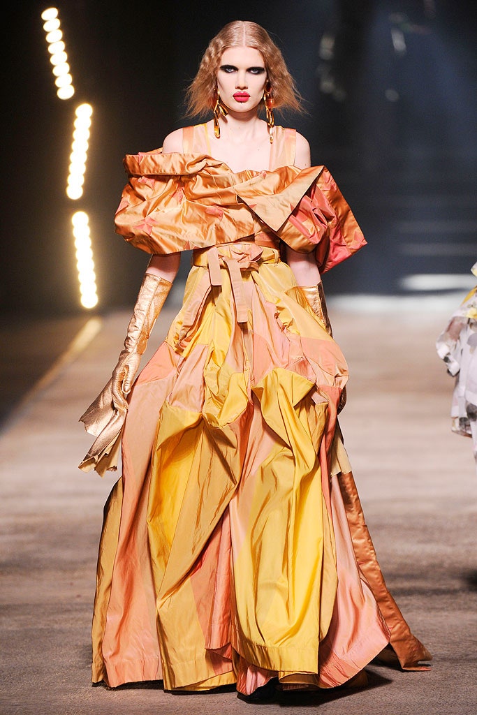 orange pink layered off-shoulder gown