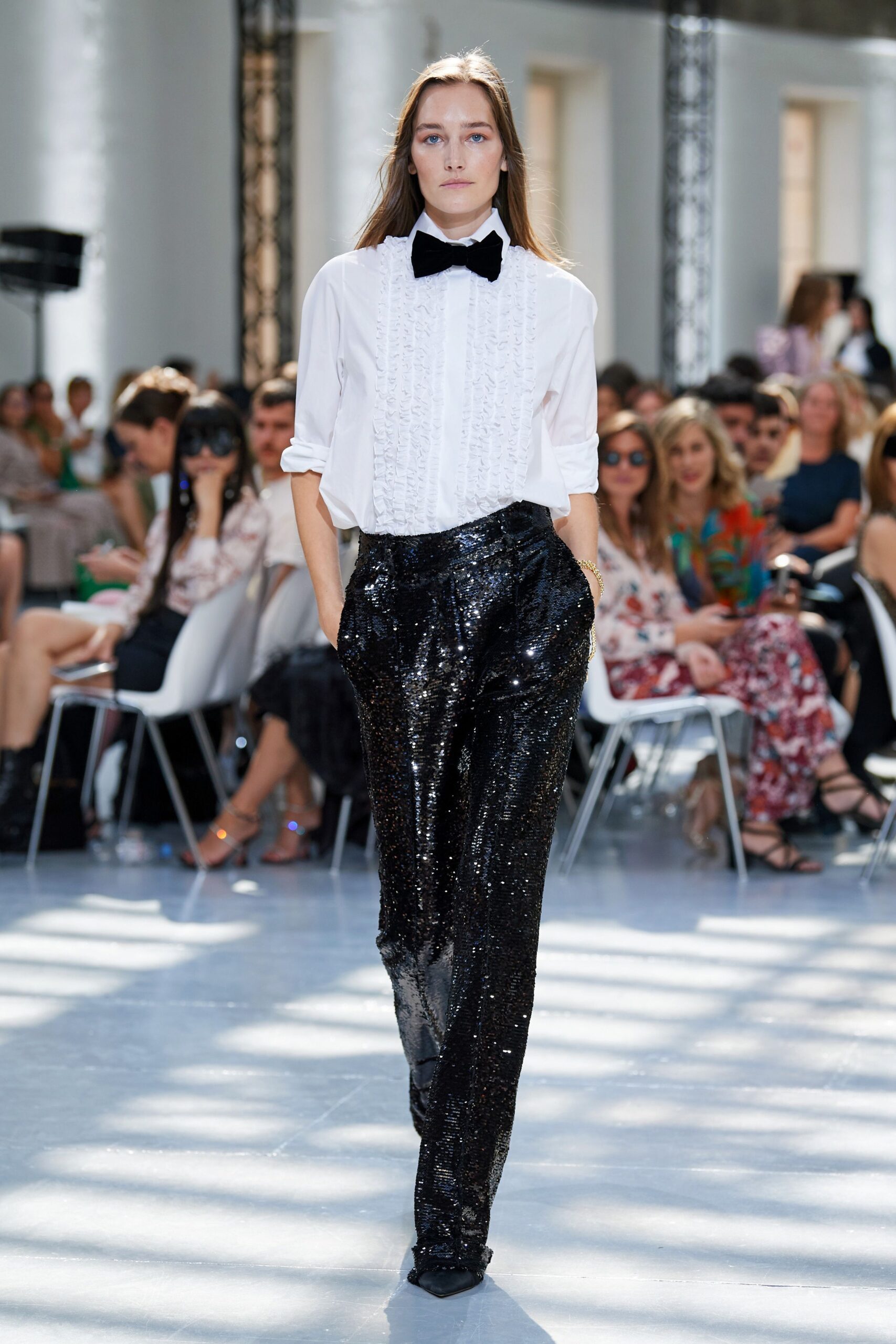black sequin fitted straight-leg shiny pants