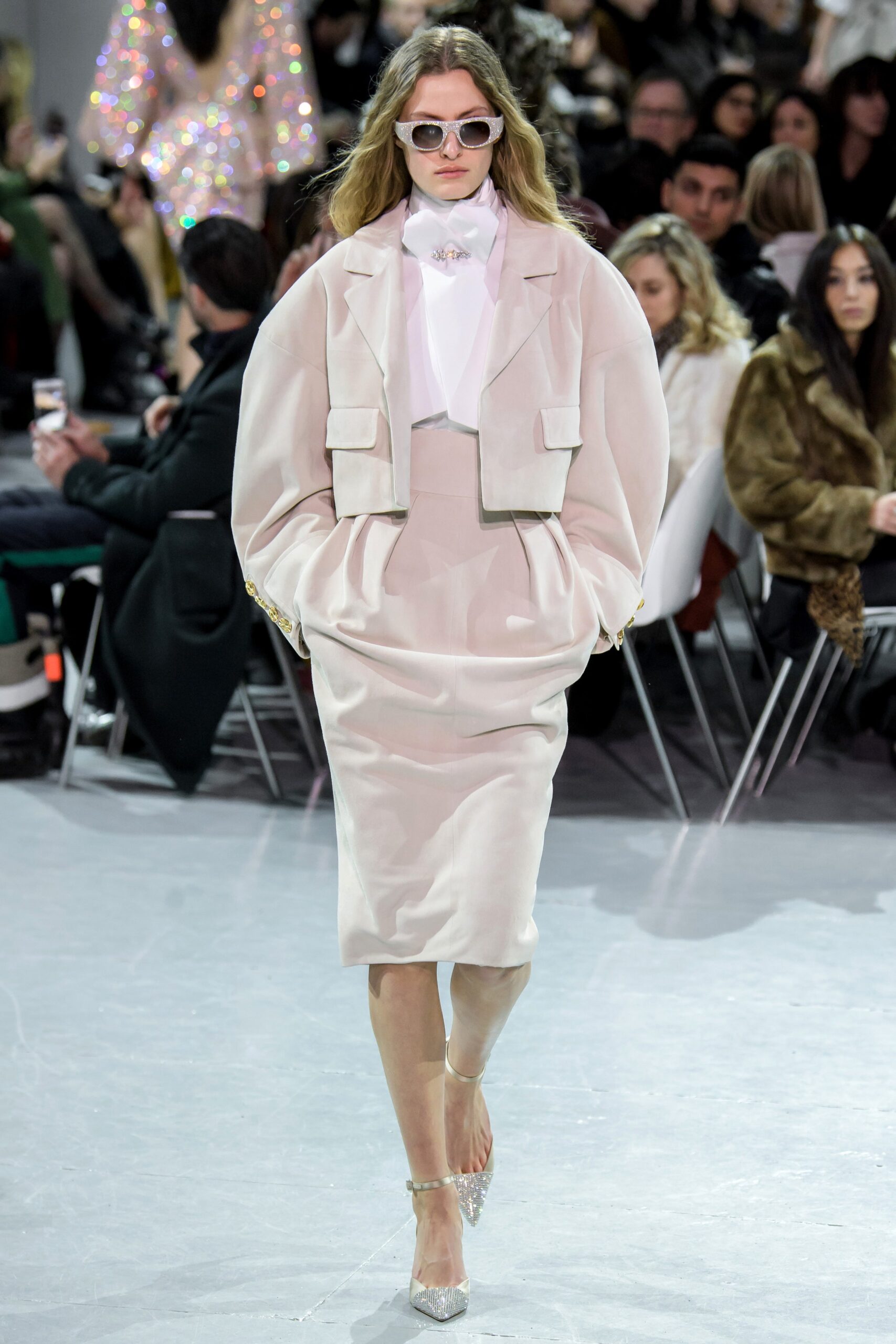 pink velvet long-sleeve collared oversized buttoned jacket