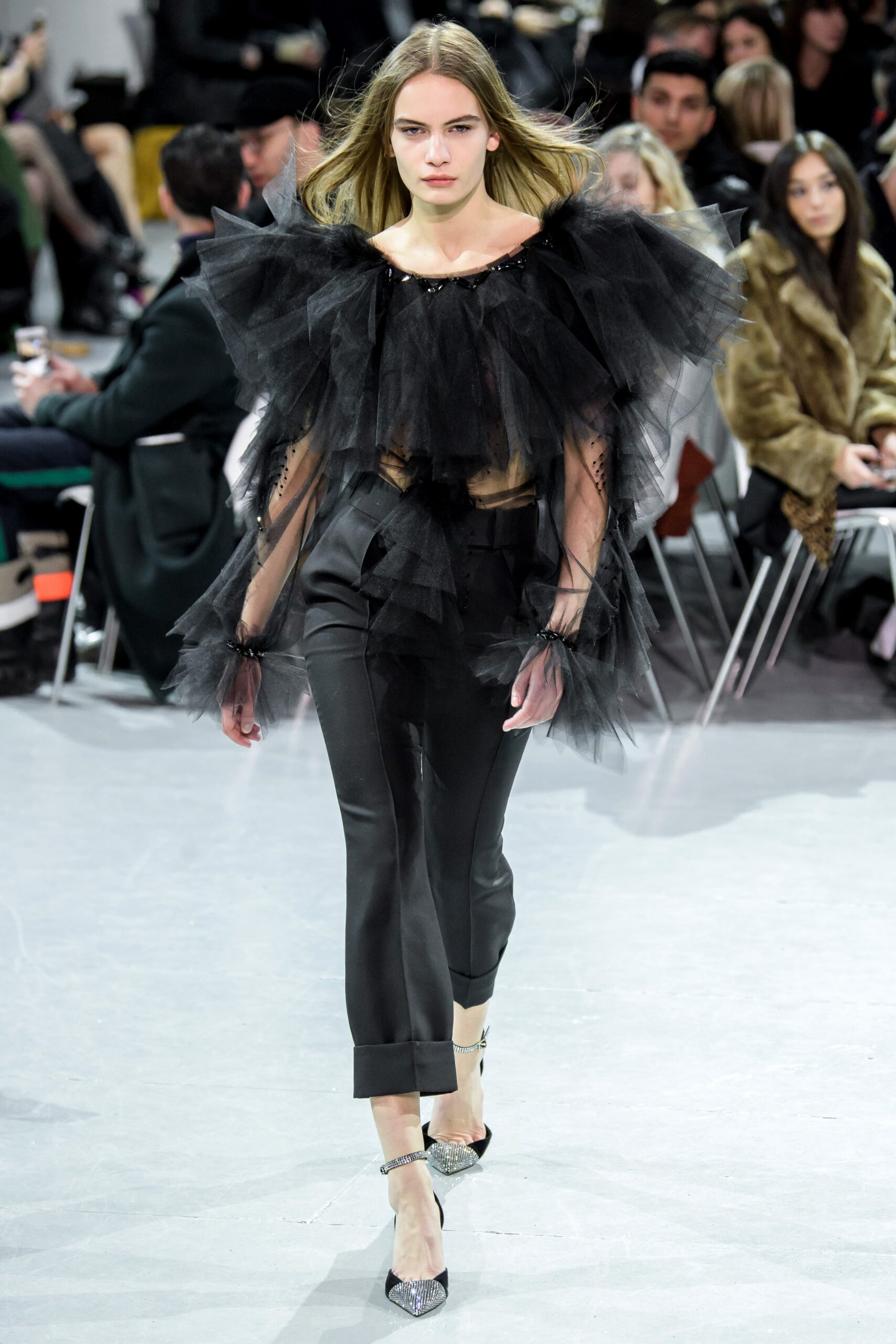black tulle sleeveless high-neck fitted ruffled flowing top