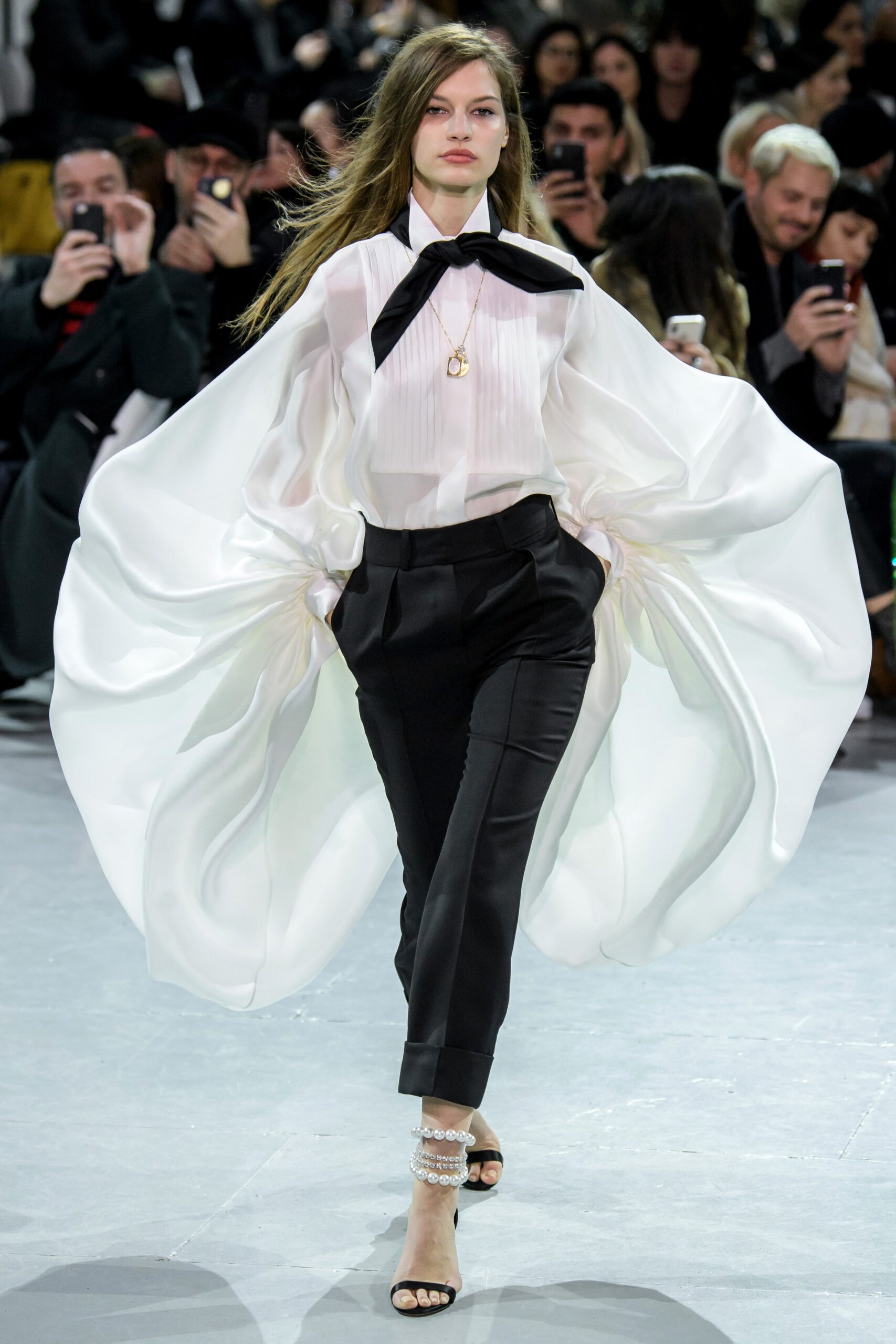 white silk long-sleeve collared relaxed pleated draped blouse