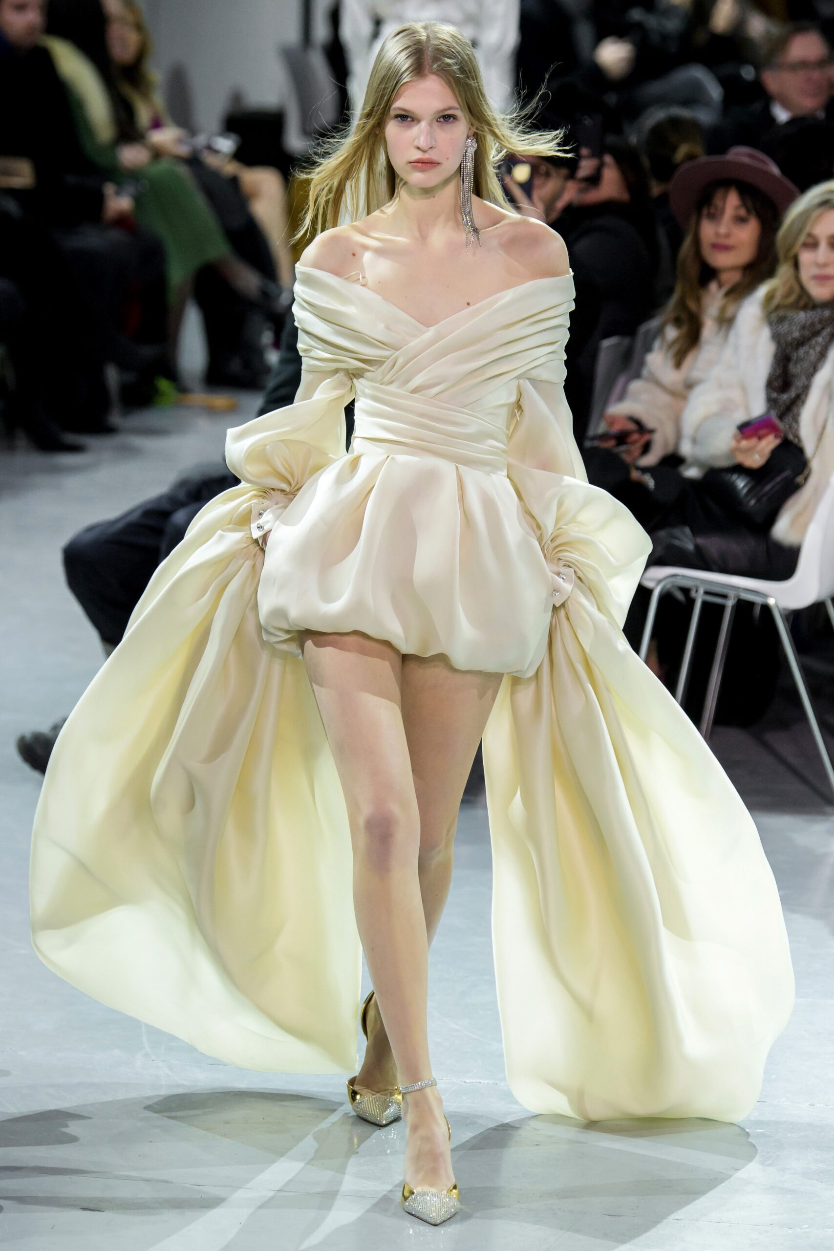white silk off-shoulder dress