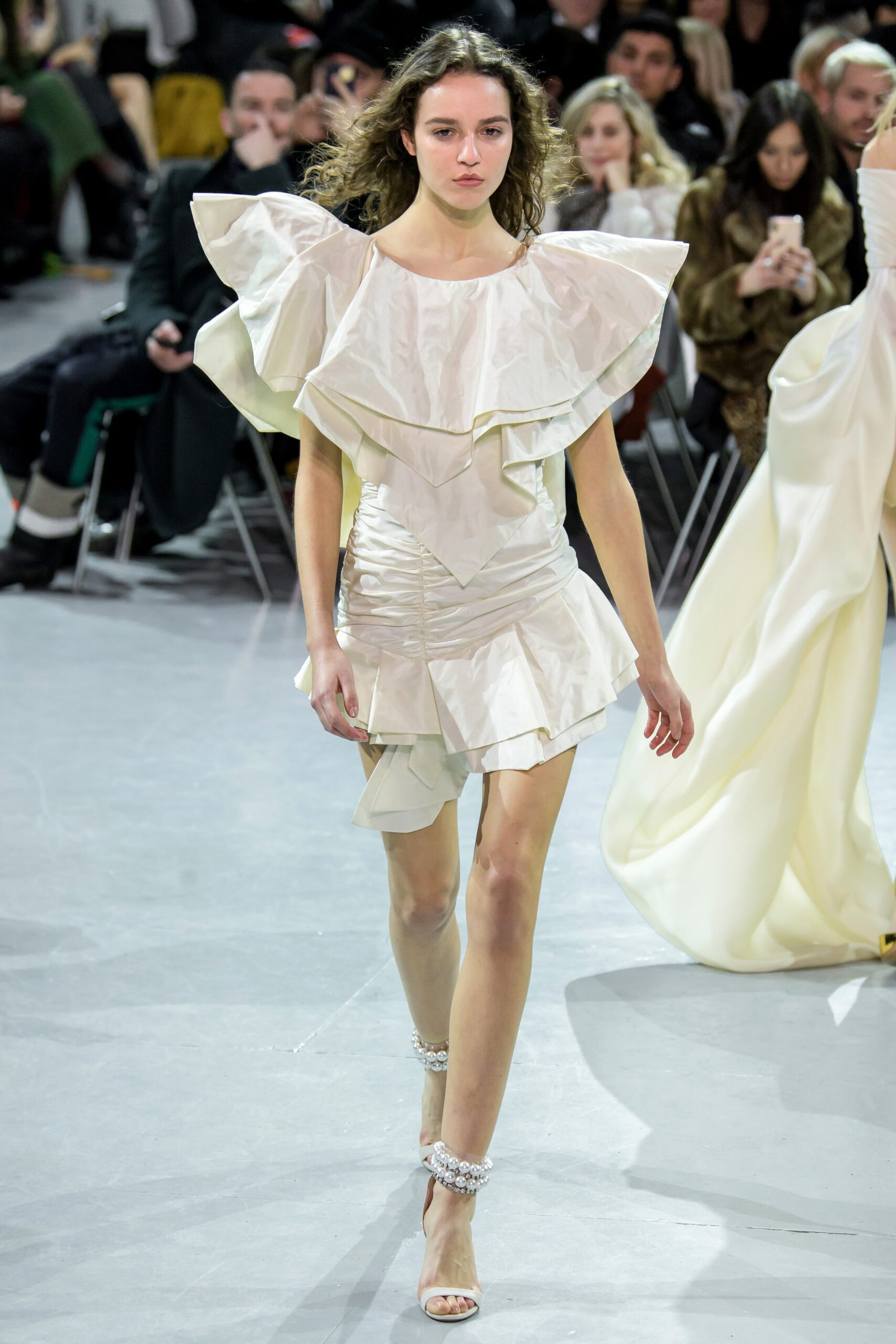 white silk ruffled mini dress