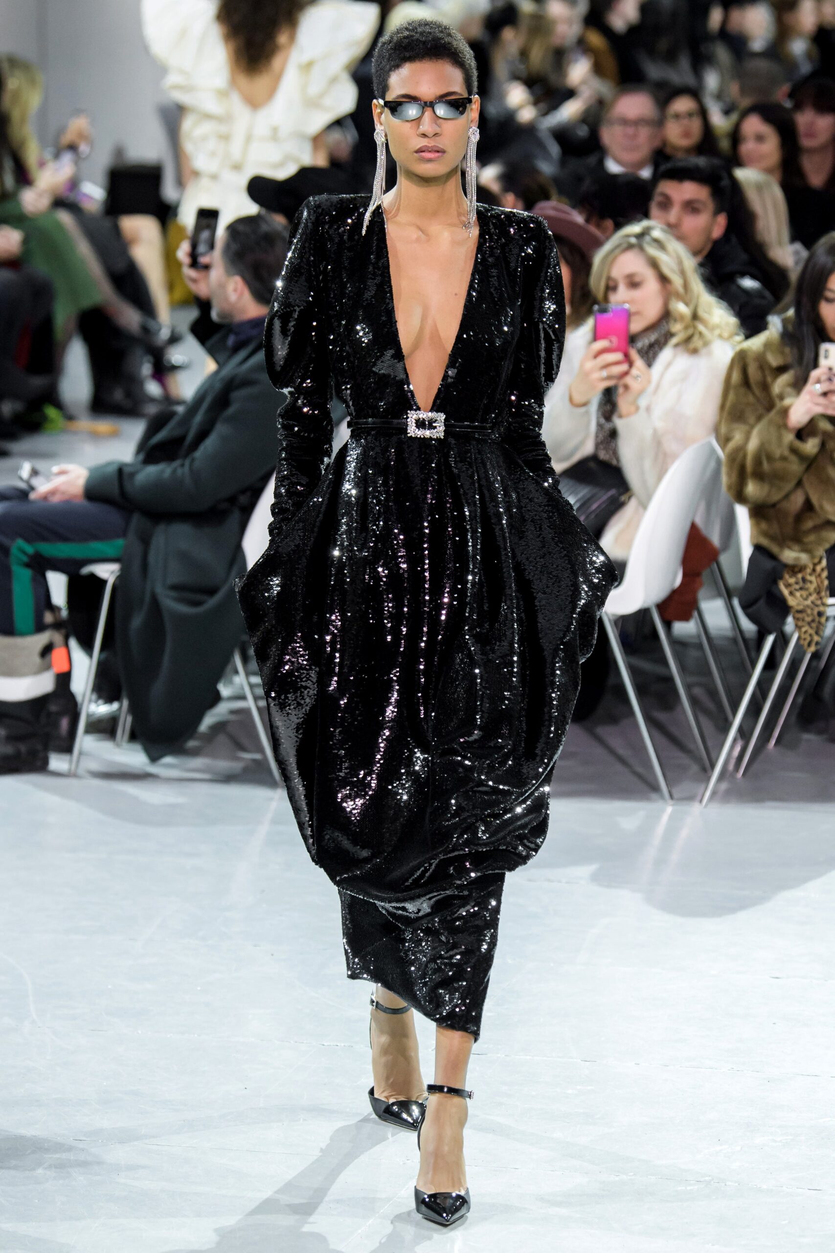 black sequined long-sleeve dress