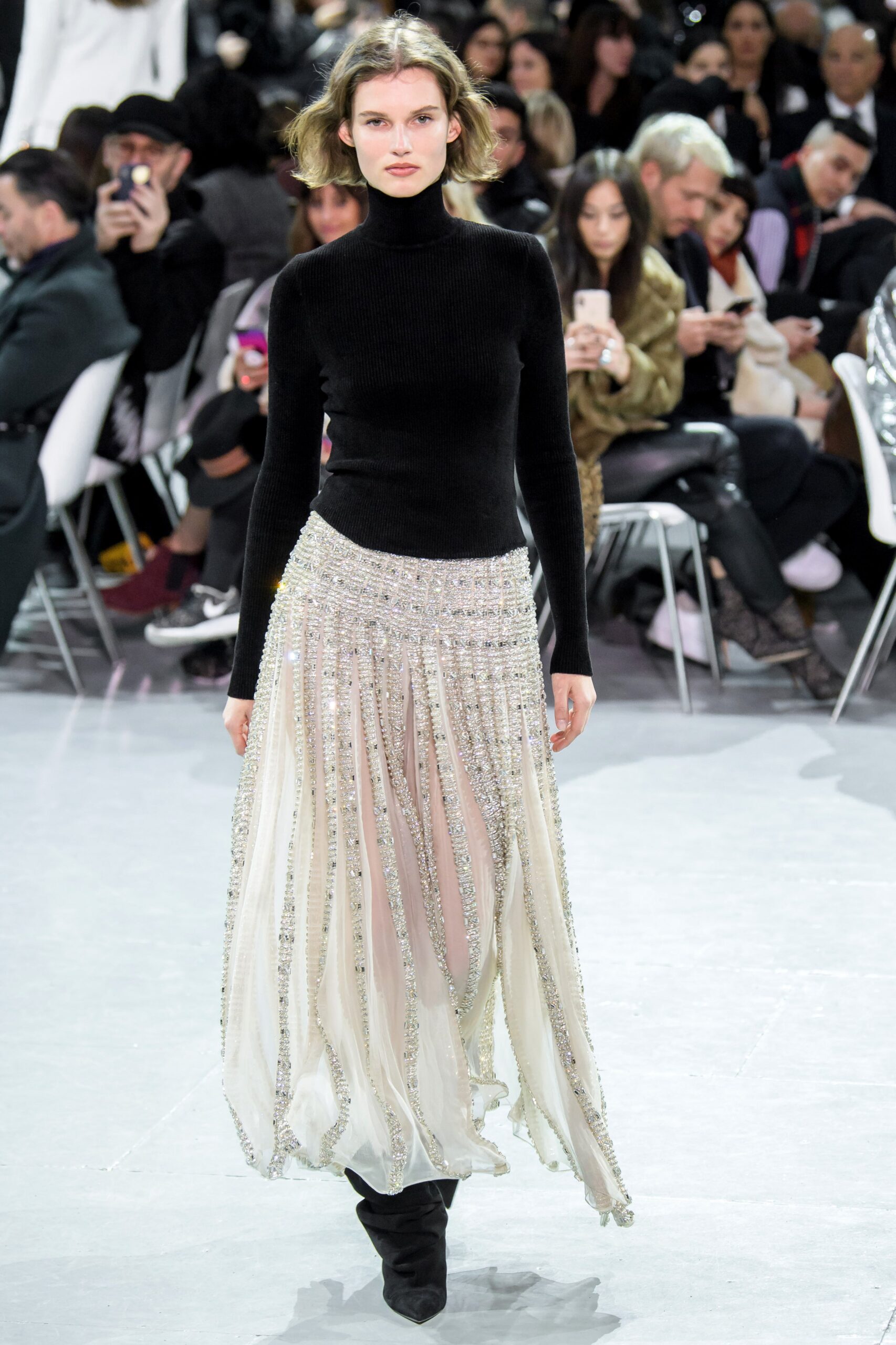 white silk relaxed high-waisted pleated embellished sheer skirt