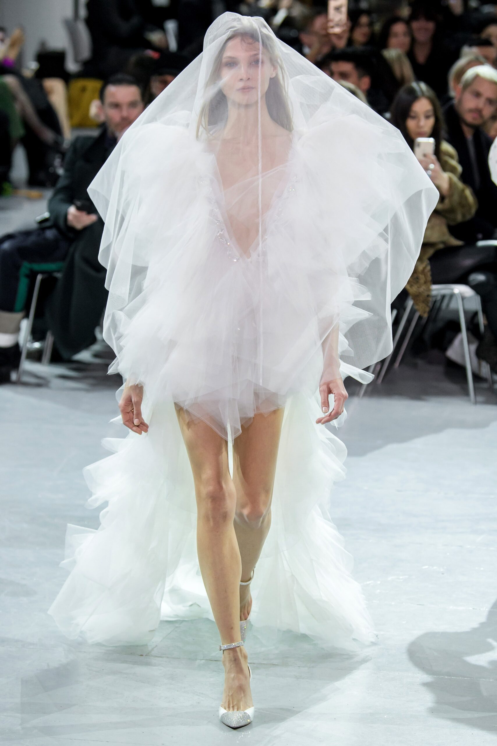white ruffled mini dress with veil