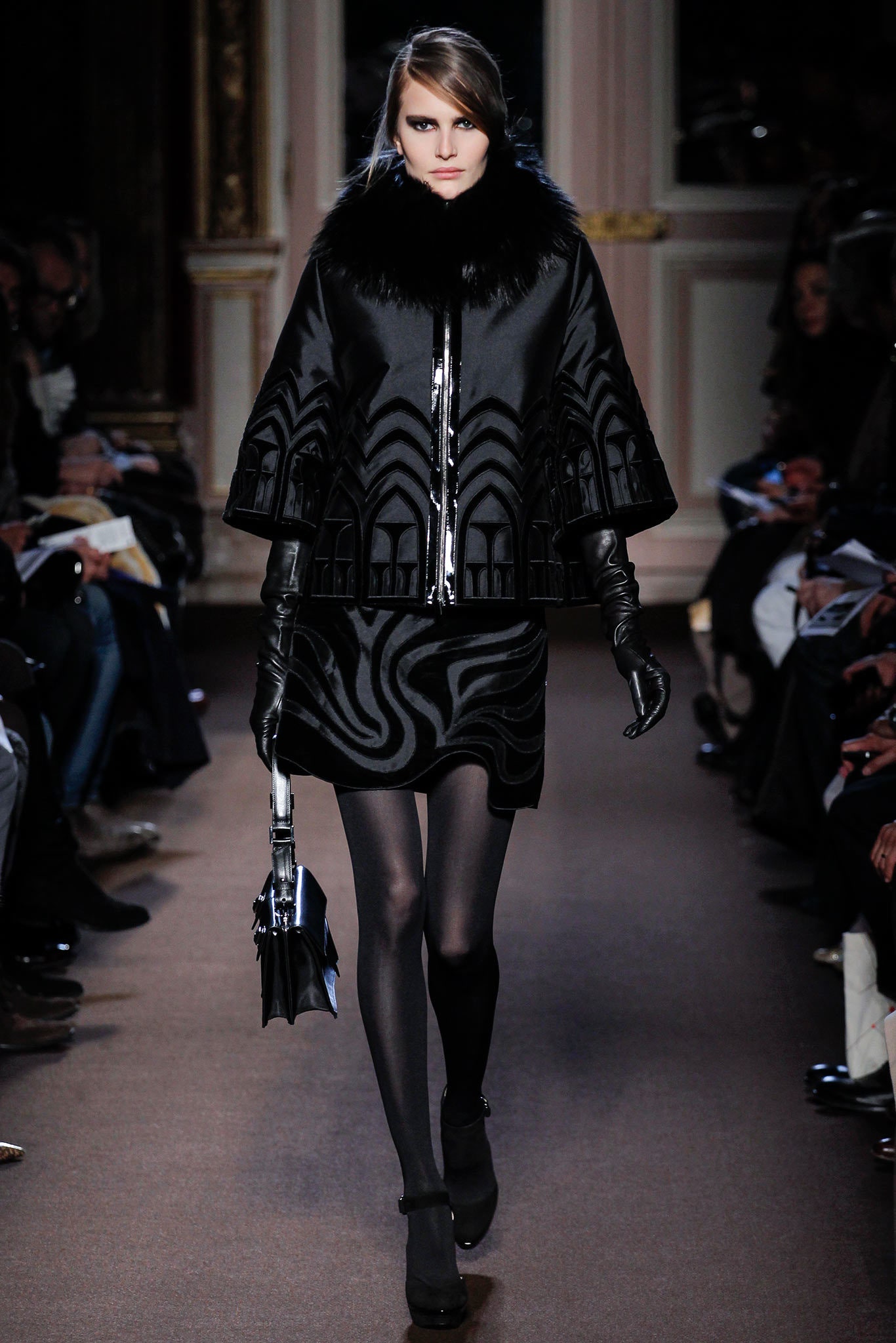 black fur long-sleeve collared fitted embroidered coat