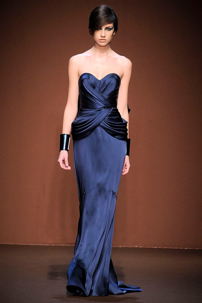 blue silk strapless fitted draped flowing maxi gown
