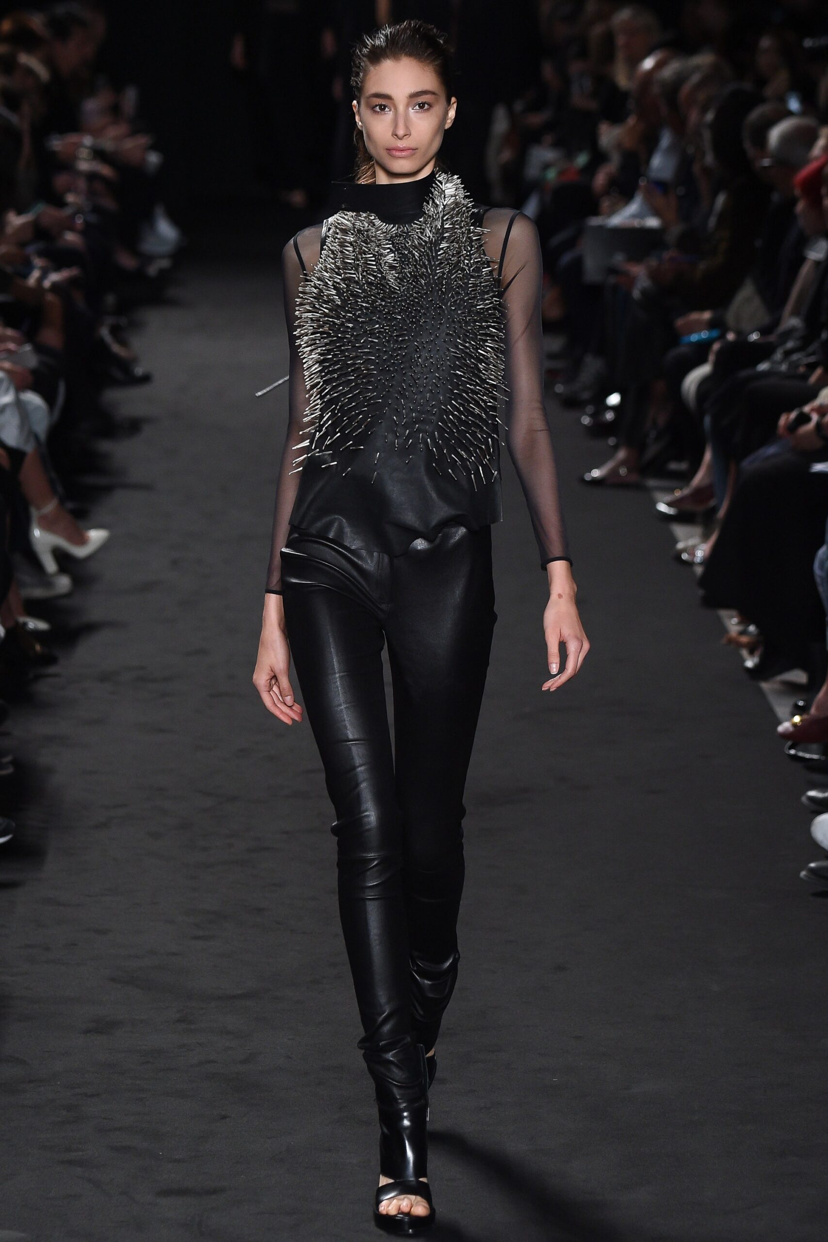 black silk sleeveless high-neck fitted embellished top