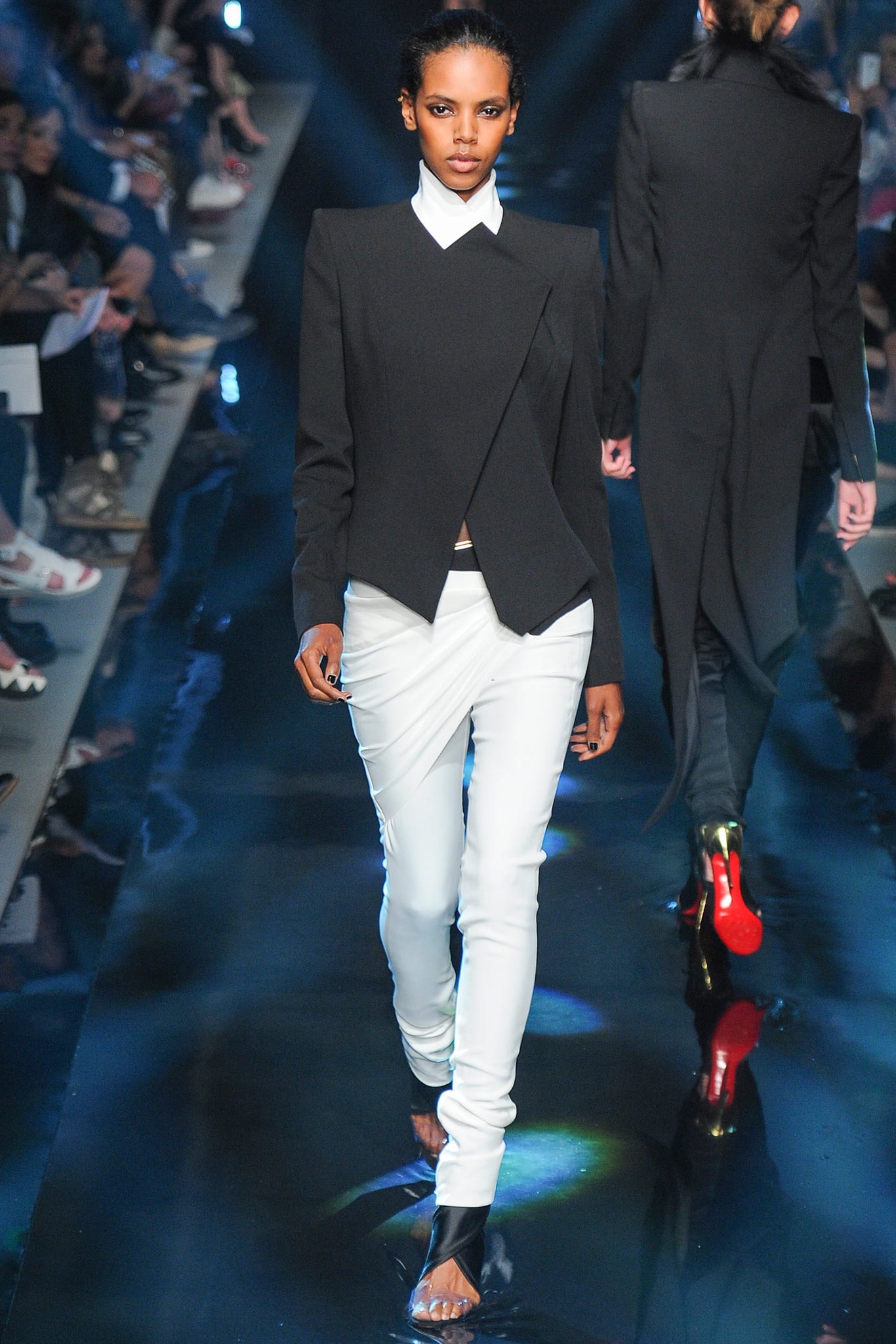 black tailored blazer white pants