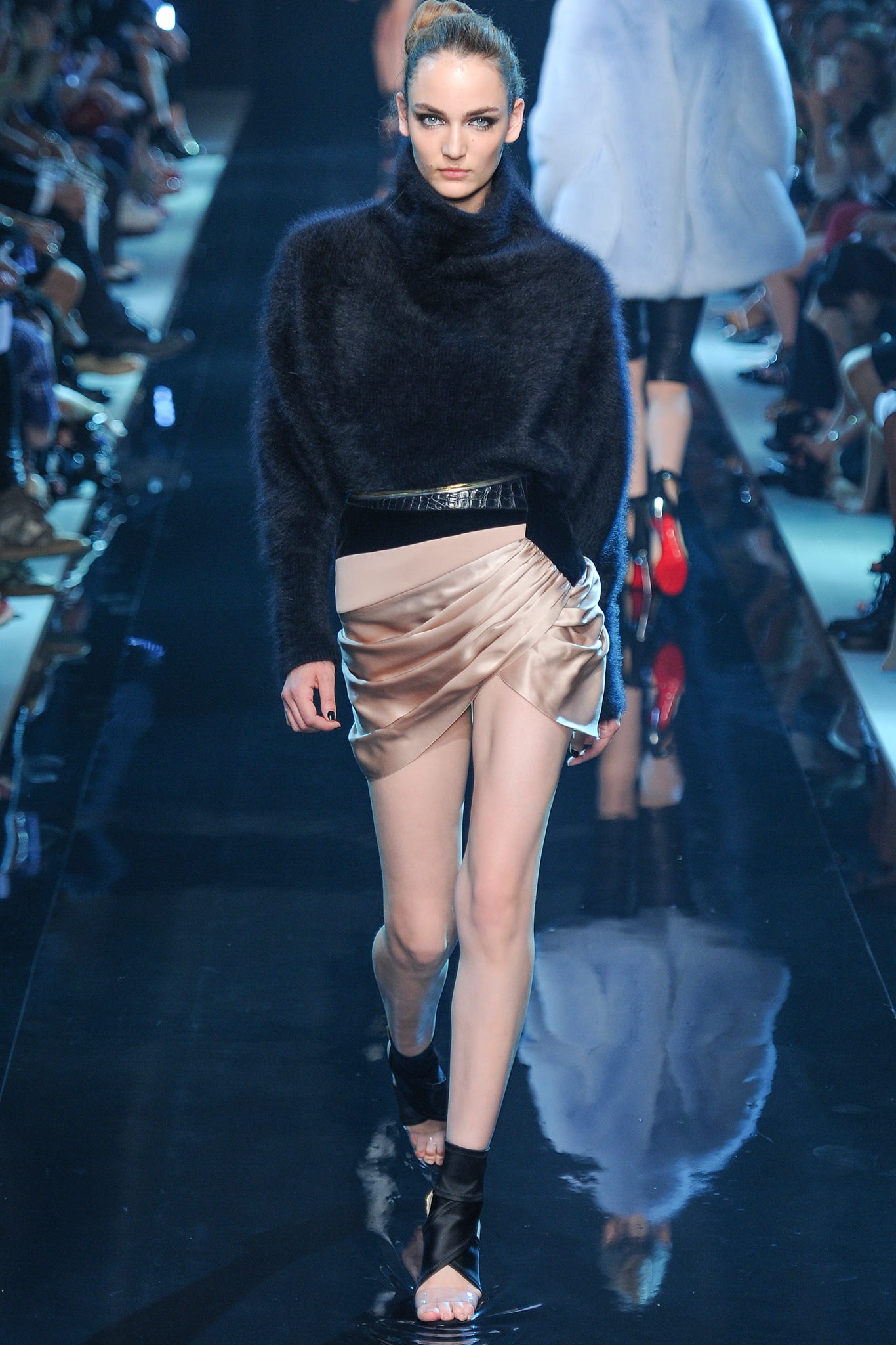 black oversized sweater beige mini skirt