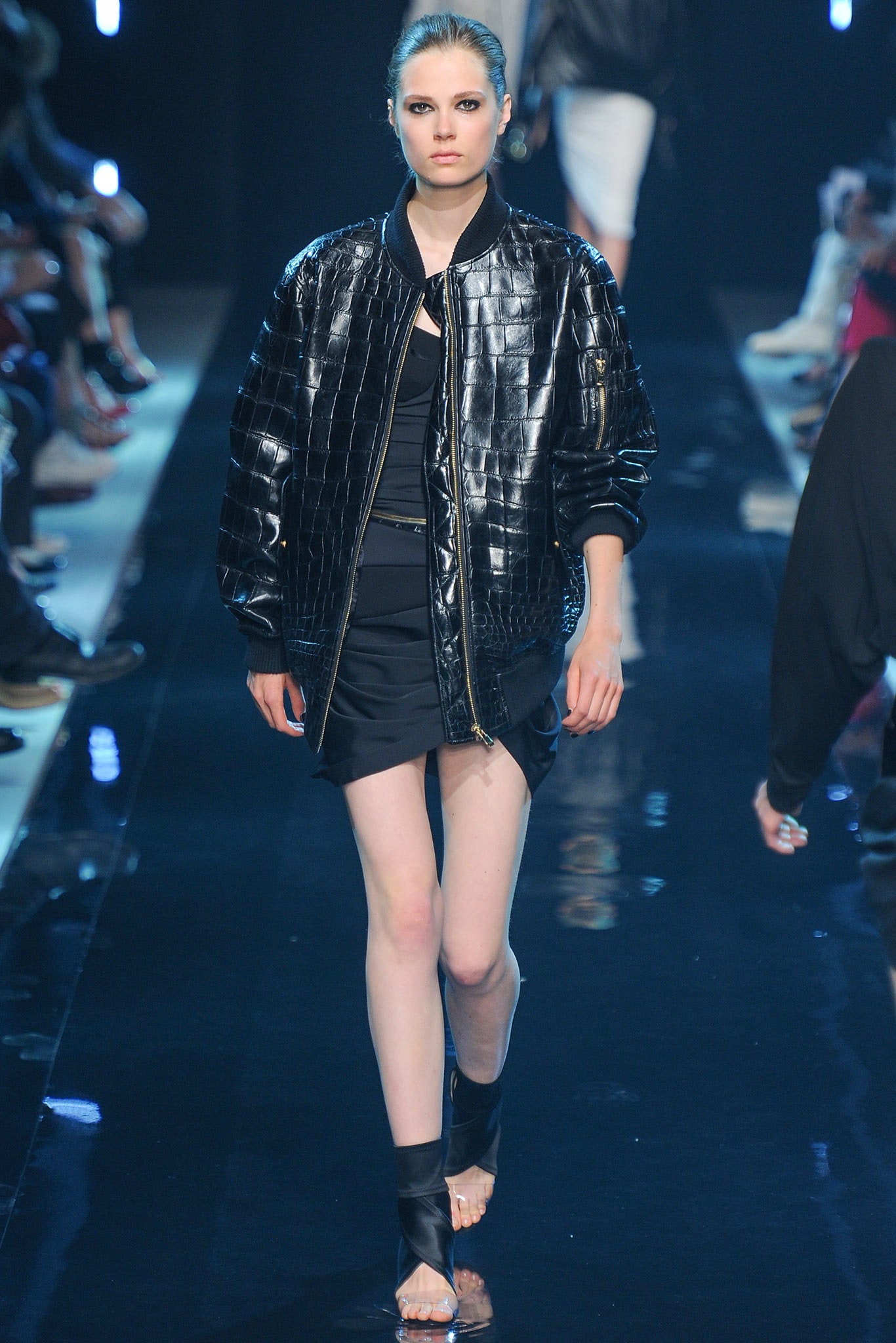 black leather jacket and mini dress