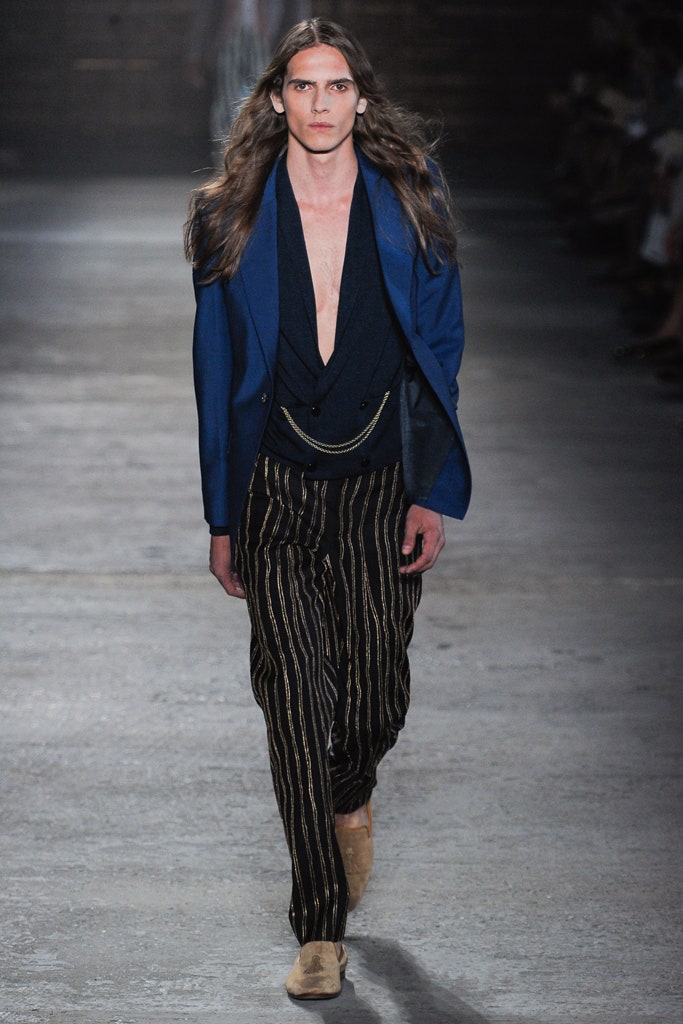 blue blazer black shirt striped pants