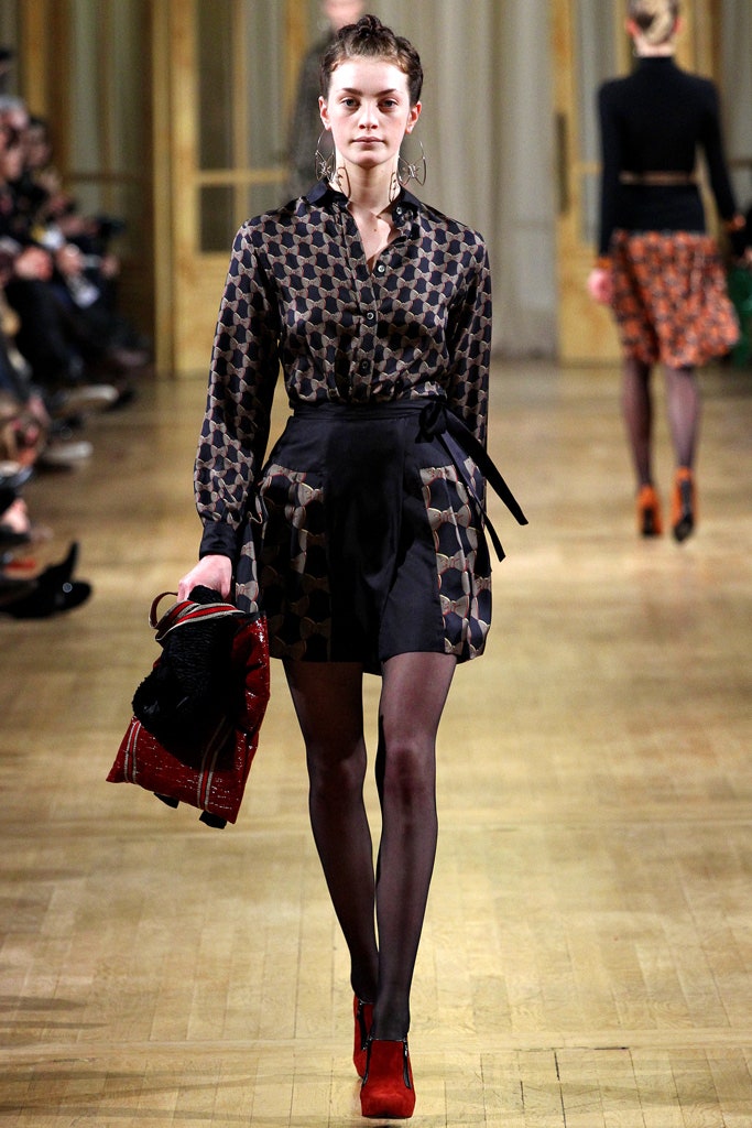 black printed silk shirt and mini skirt