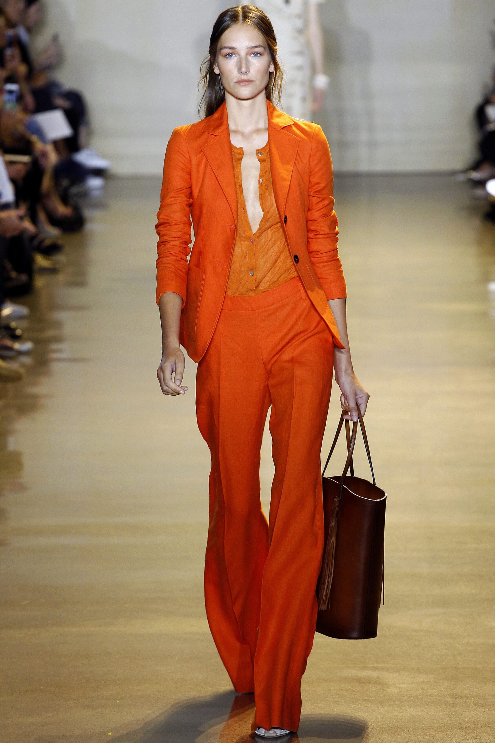 orange cotton long-sleeve collared tailored flared suit