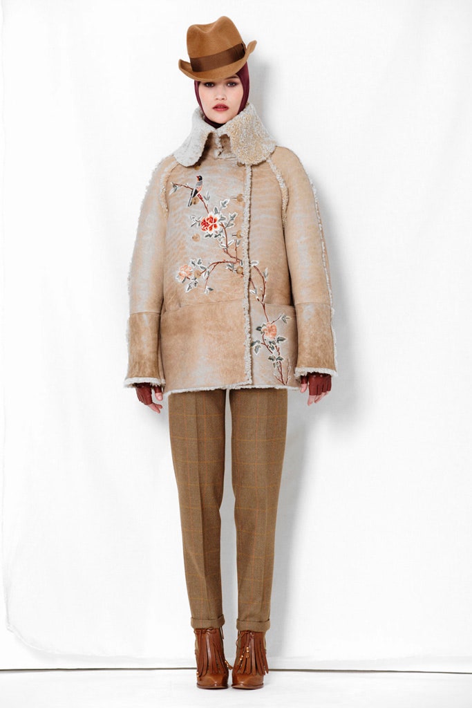 beige fur long-sleeve collared relaxed embroidered coat
