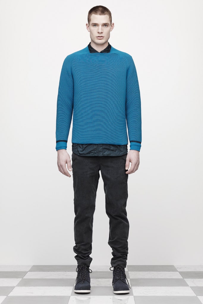 blue cotton long-sleeve collared fitted textured sweater