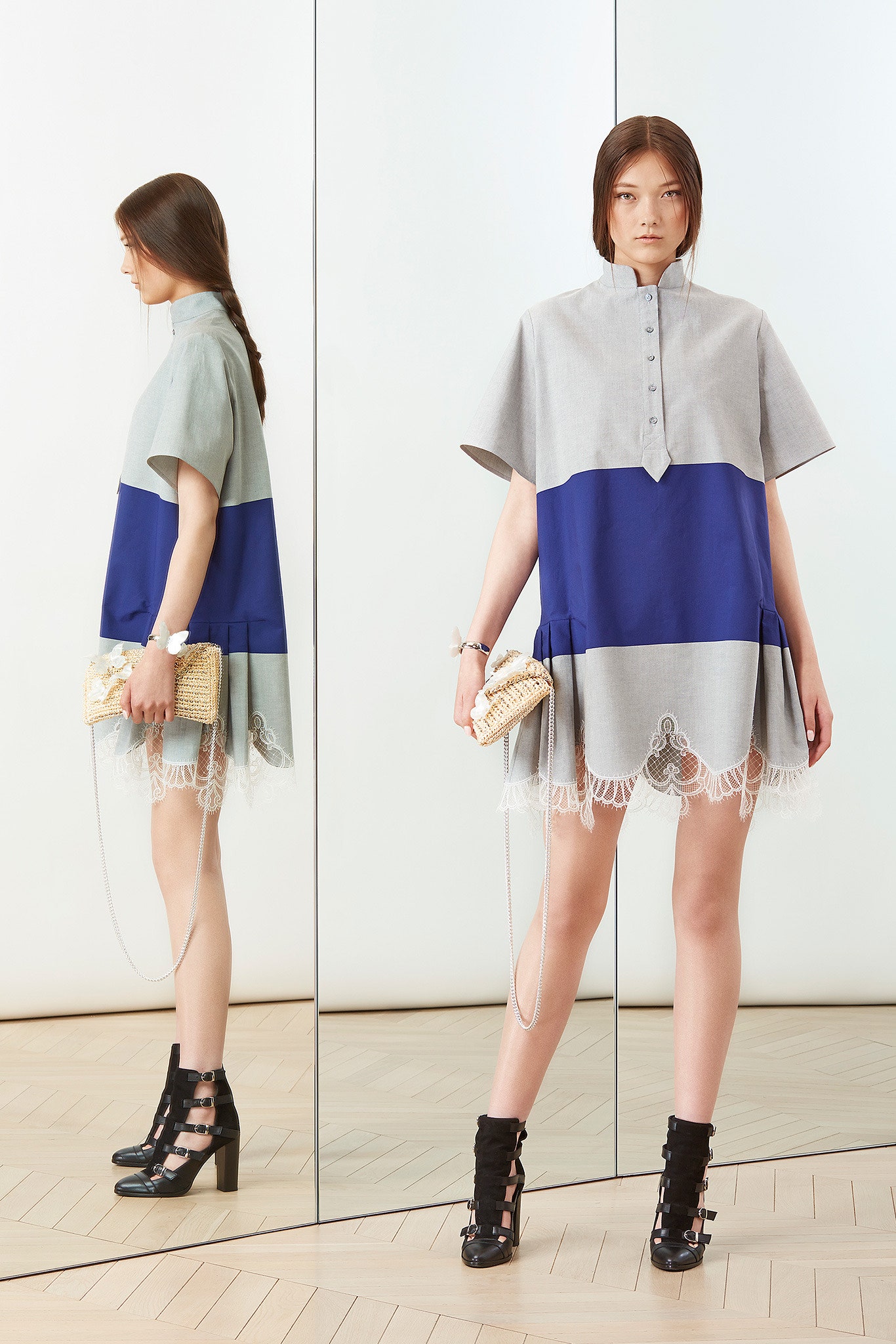 gray cotton short-sleeve collared relaxed buttoned fringed dress