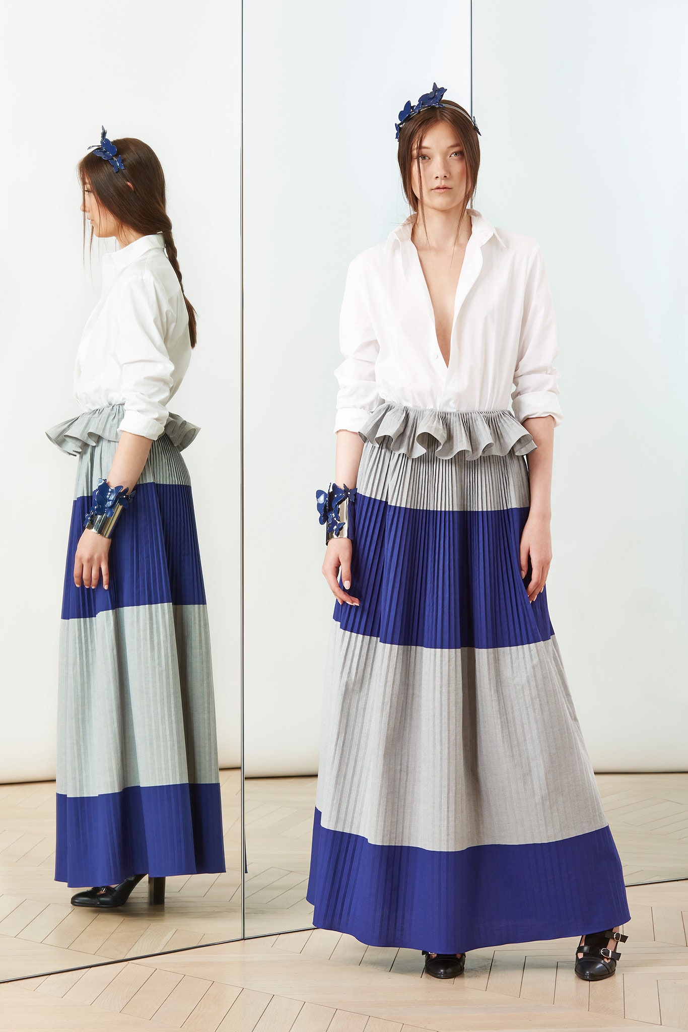 gray cotton fitted pleated tiered maxi skirt