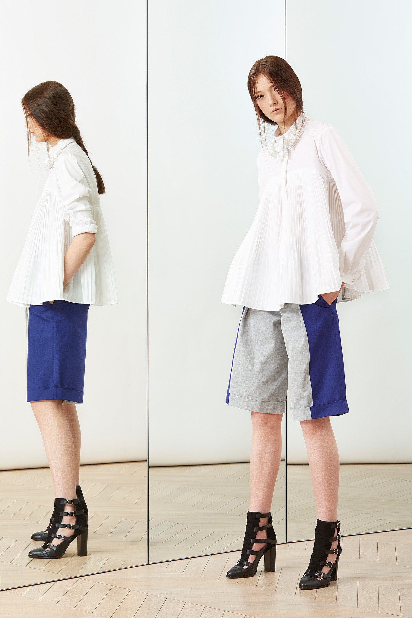 gray cotton tailored color-blocked skirt