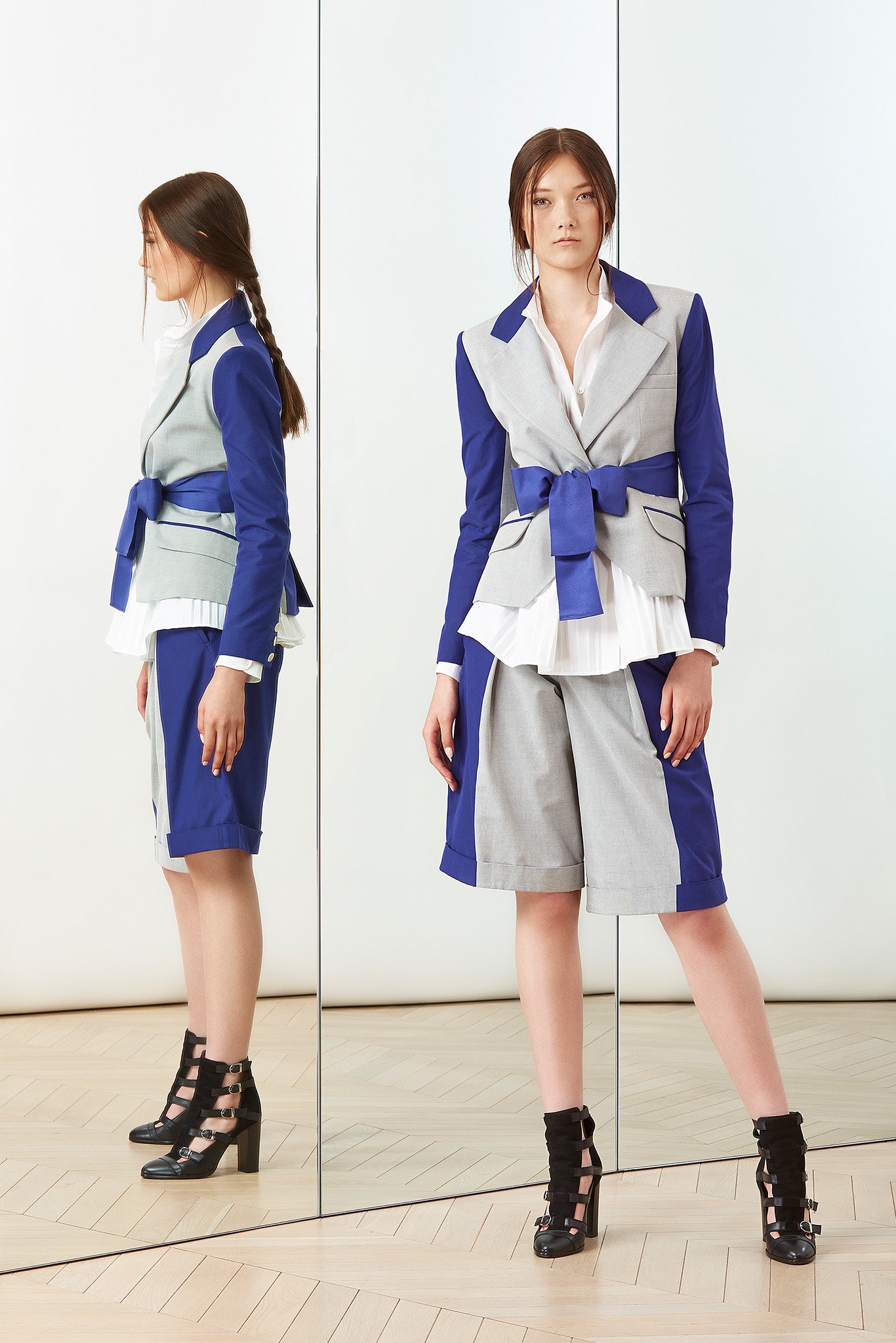blue cotton long-sleeve collared tailored buttoned belted blazer